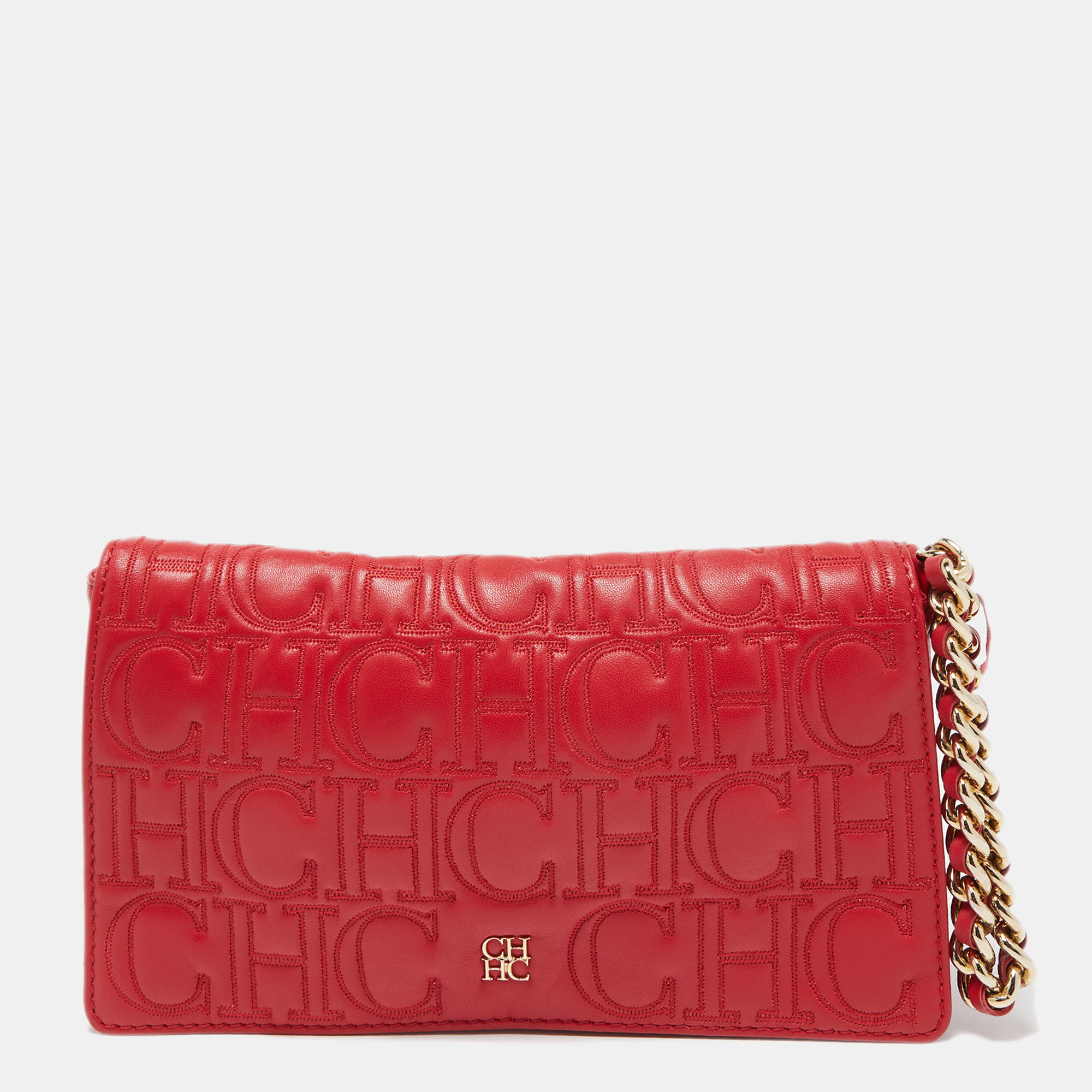 CH Carolina Herrera Beige Monogram Quilted Leather Crystal CH Wallet On  Chain