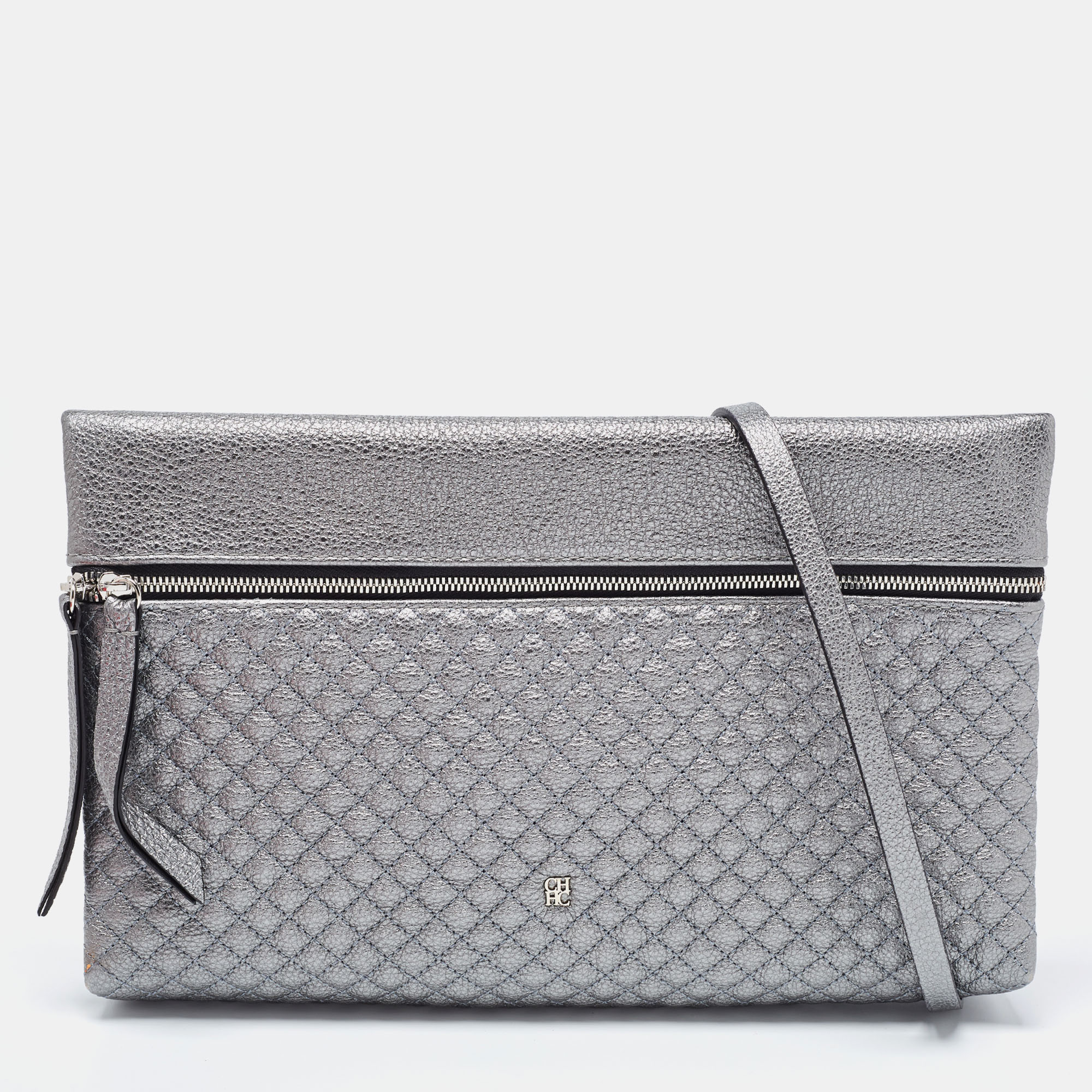 Pre-owned Ch Carolina Herrera Metallic Grey Quilted Leather Front