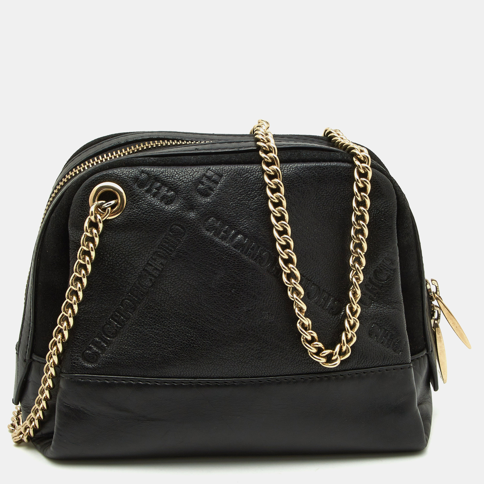 Pre-owned Ch Carolina Herrera Black Leather Chain Crossbody Bag