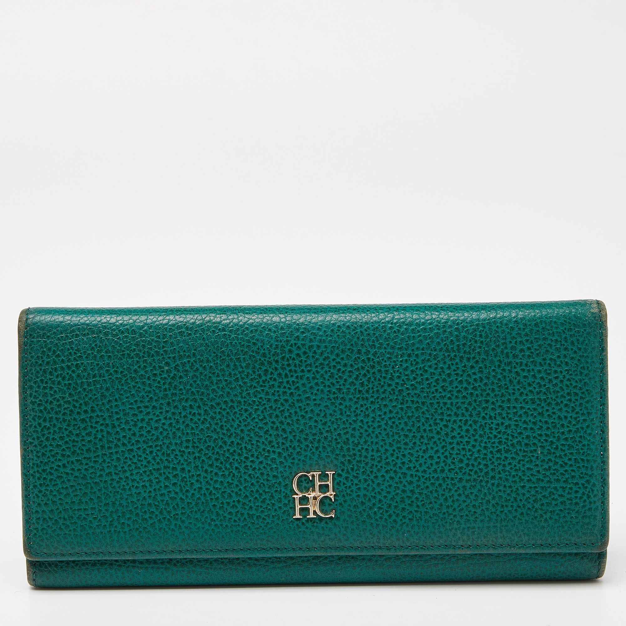 Pre-owned Ch Carolina Herrera Green Leather Flap Trifold Continental Wallet