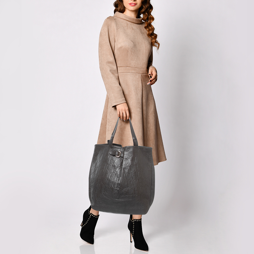 

CH Carolina Herrera Dark Grey Monogram Embossed Leather Belt Tote