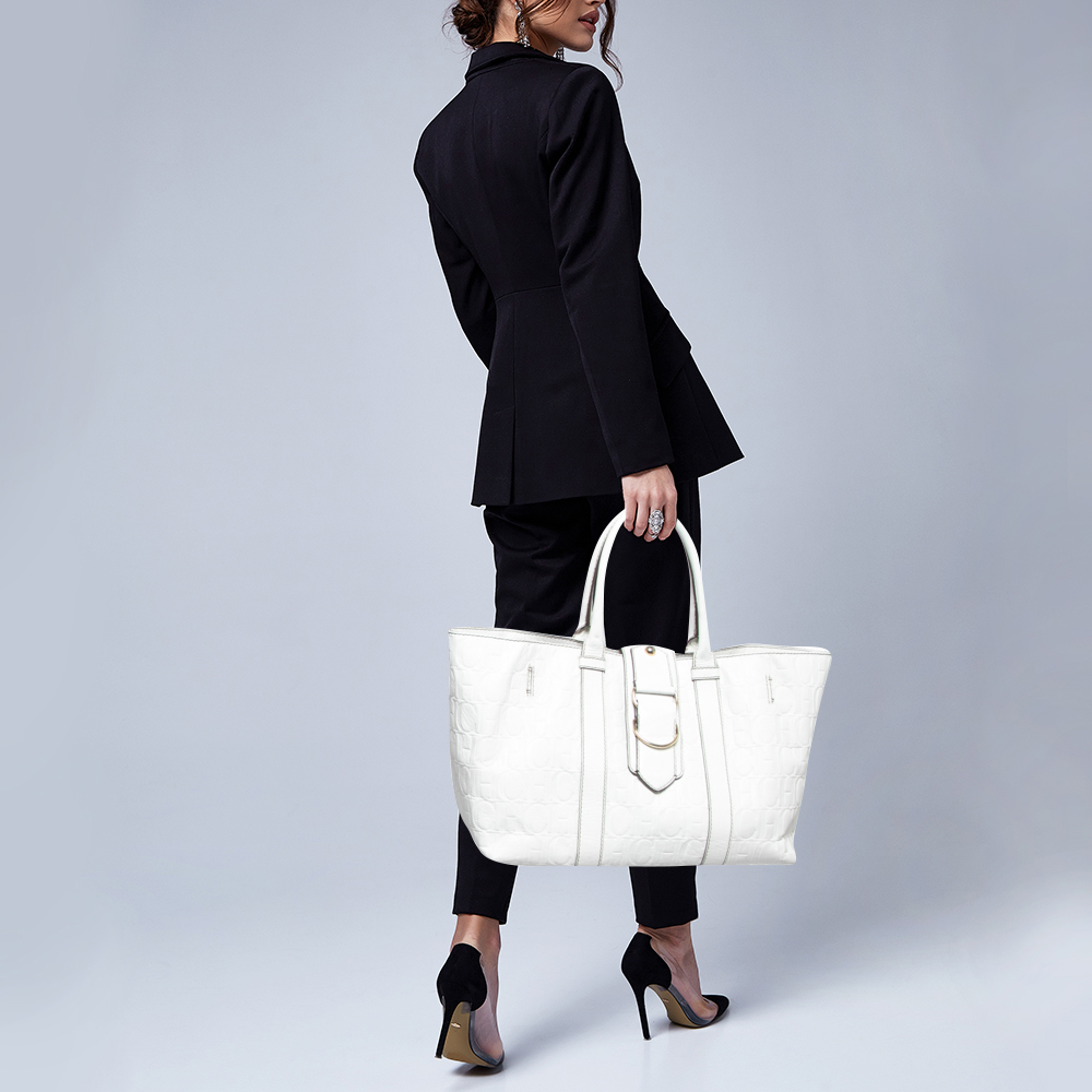 

CH Carolina Herrera White Monogram Embossed Leather Tote