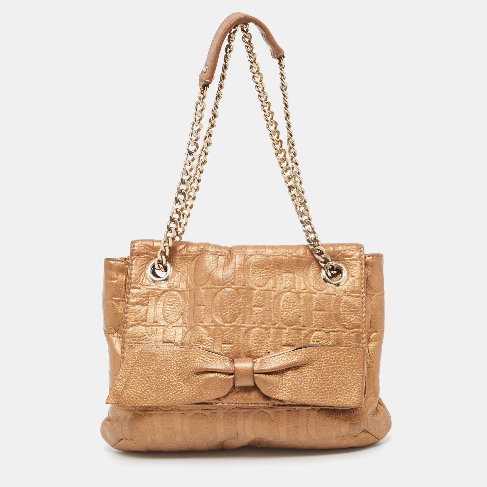 Pre-owned Ch Carolina Herrera Bronze Monogram Embossed Leather Audrey Shoulder Bag In Metallic