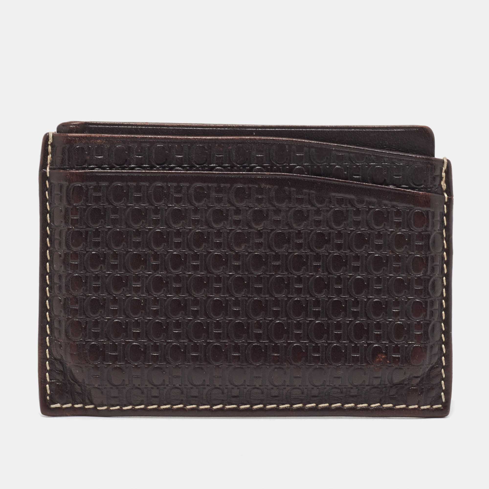 Pre-owned Ch Carolina Herrera Dark Brown Monogram Leather Card Holder
