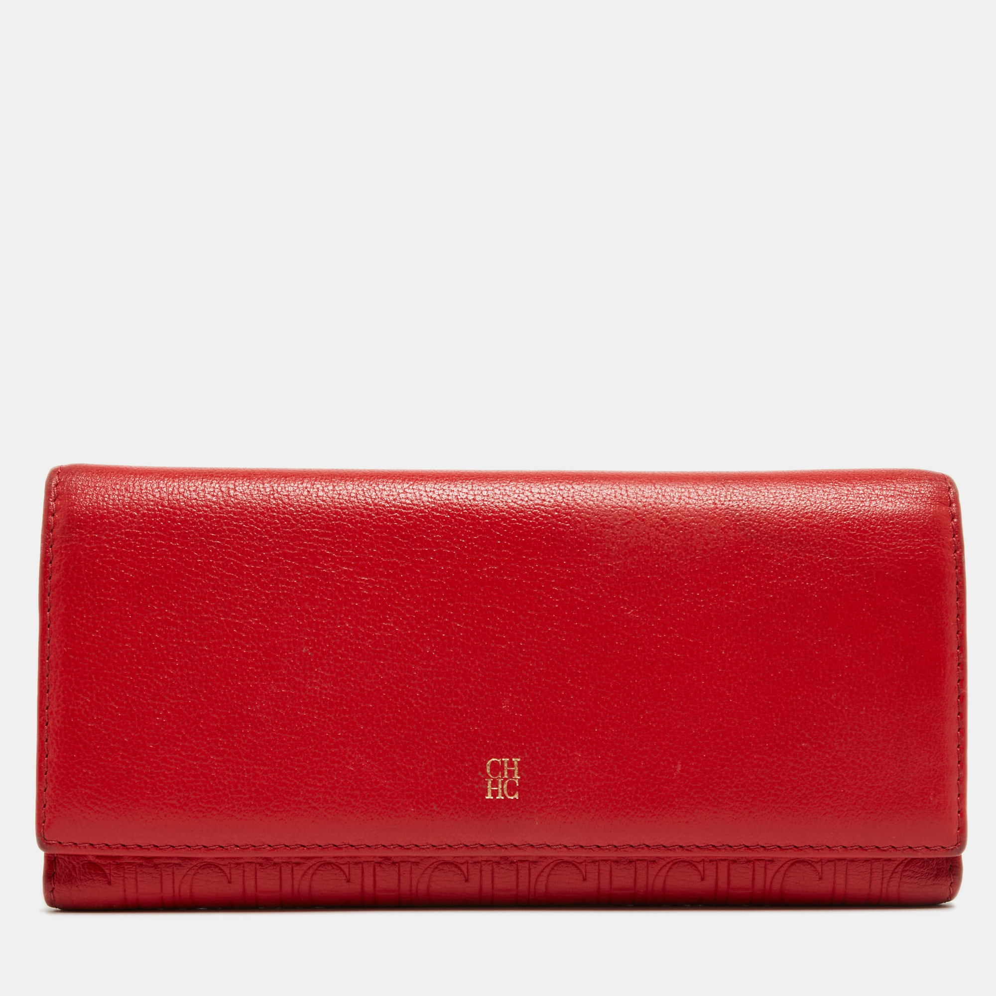 

CH Carolina Herrera Red Monogram Embossed Leather Trifold Continental Wallet