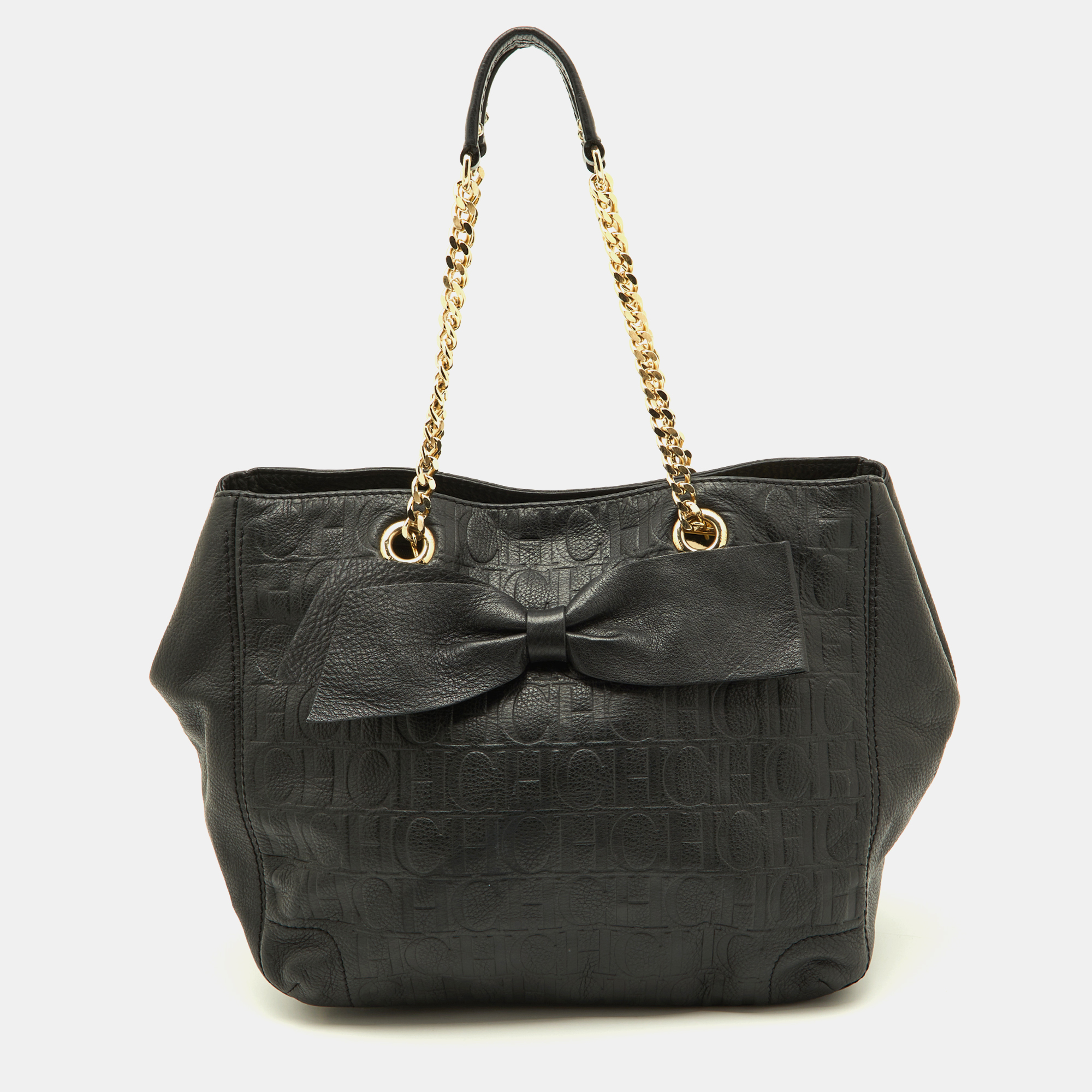 

CH Carolina Herrera Black Embossed Leather Bow Shoulder Bag