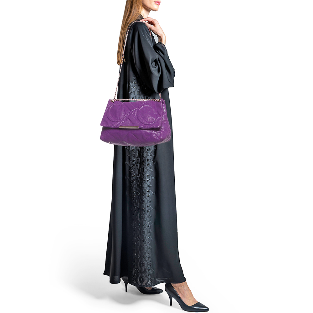

CH Carolina Herrera Purple Embossed Leather Metal Flap Shoulder Bag