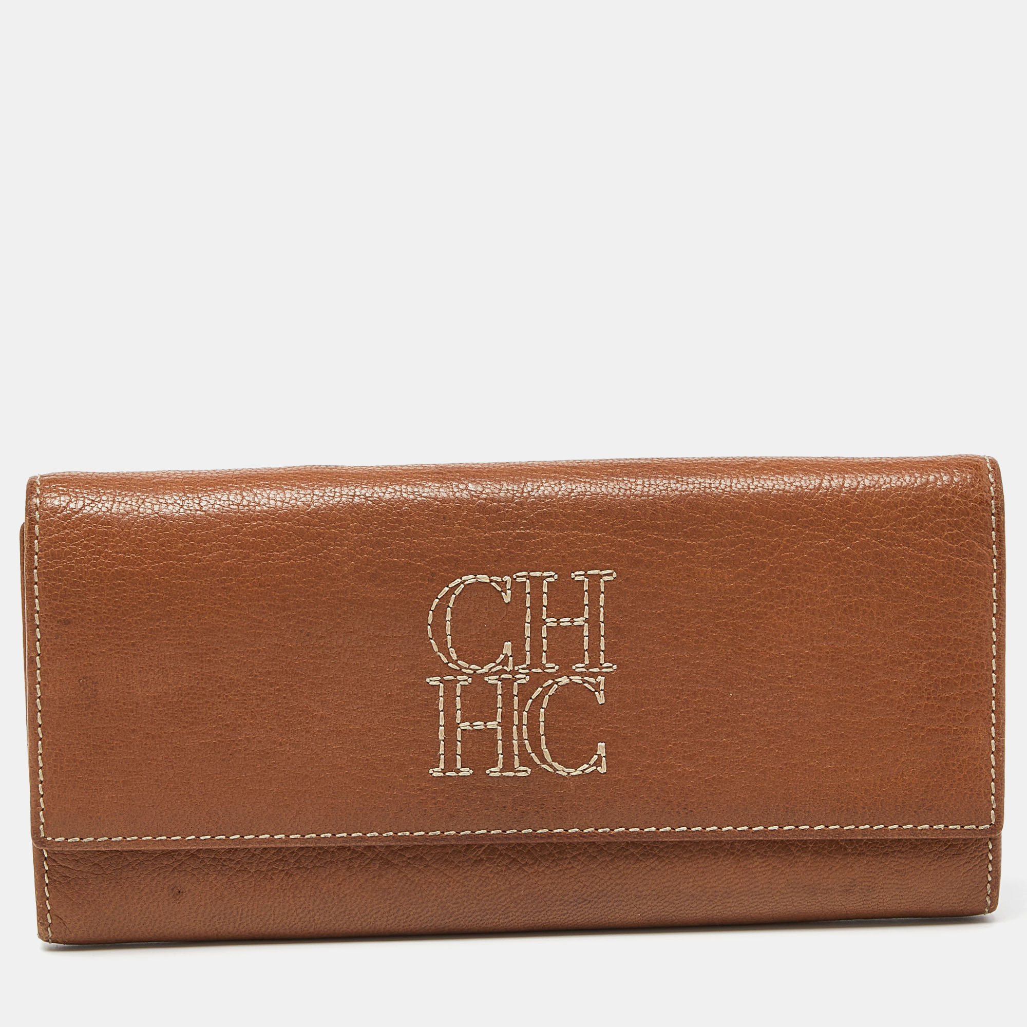 Pre-owned Ch Carolina Herrera Brown Leather Monogram Continental Wallet