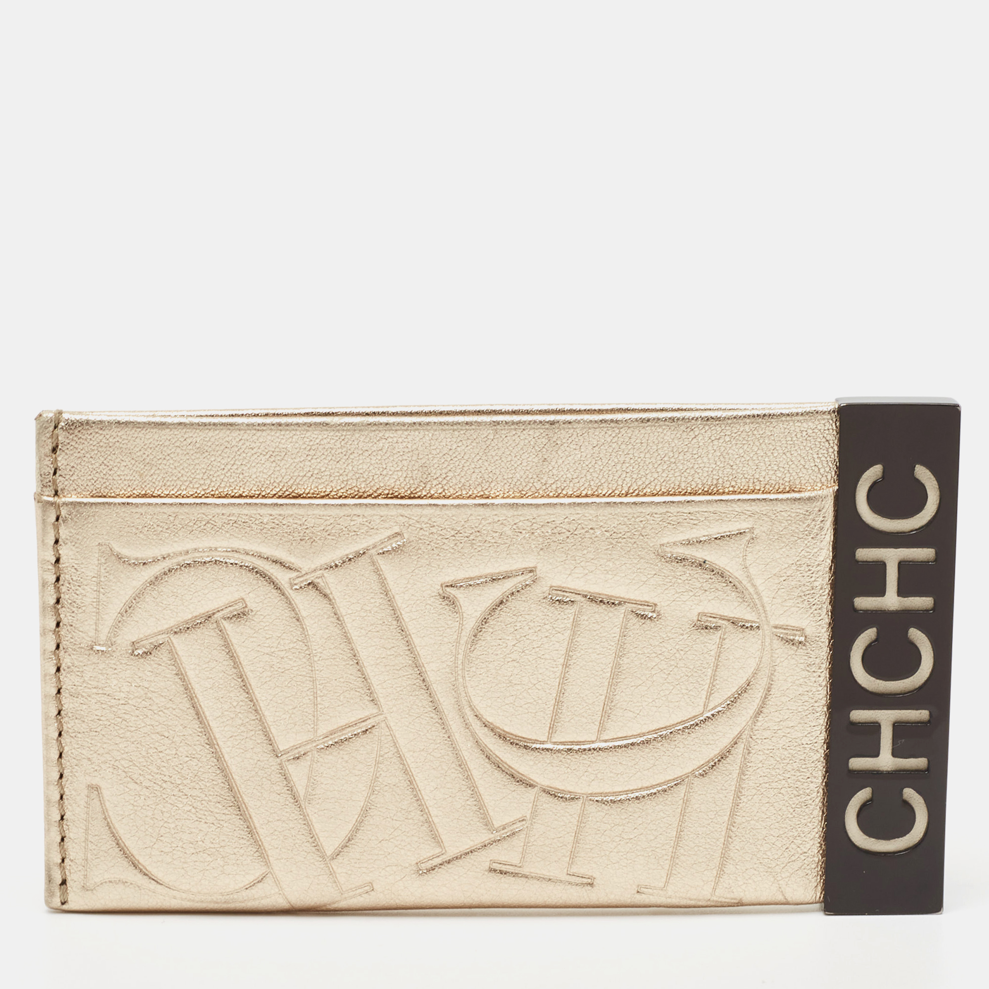 Pre-owned Ch Carolina Herrera Metallic Gold Monogram Leather Card Holder
