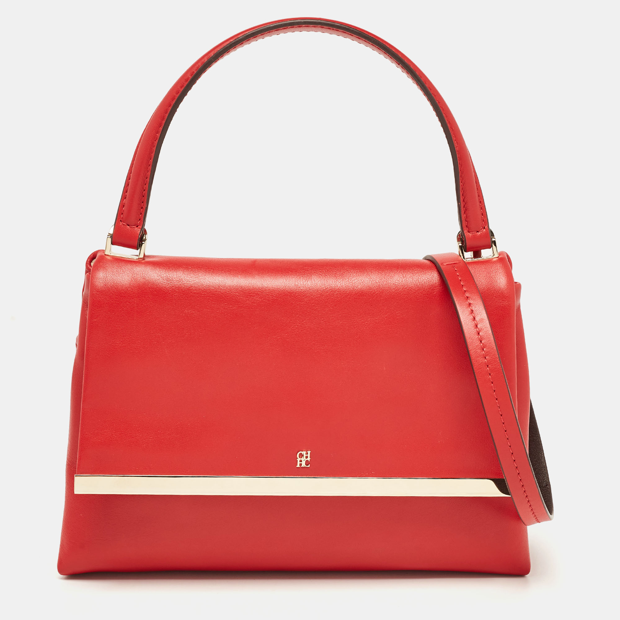 Pre-owned Ch Carolina Herrera Red Leather Metal Bar Flap Top Handle Bag