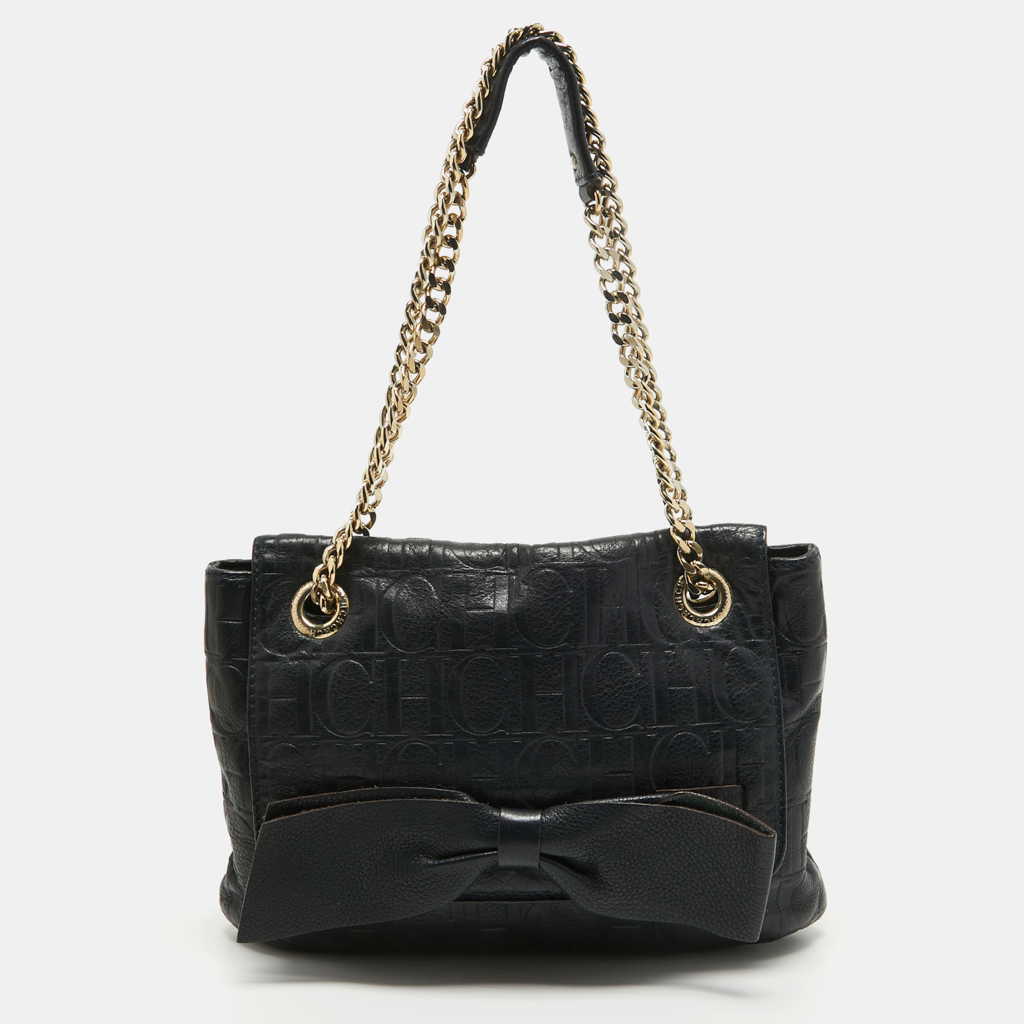 Pre-owned Ch Carolina Herrera Midnight Blue Monogram Leather Audrey Shoulder Bag