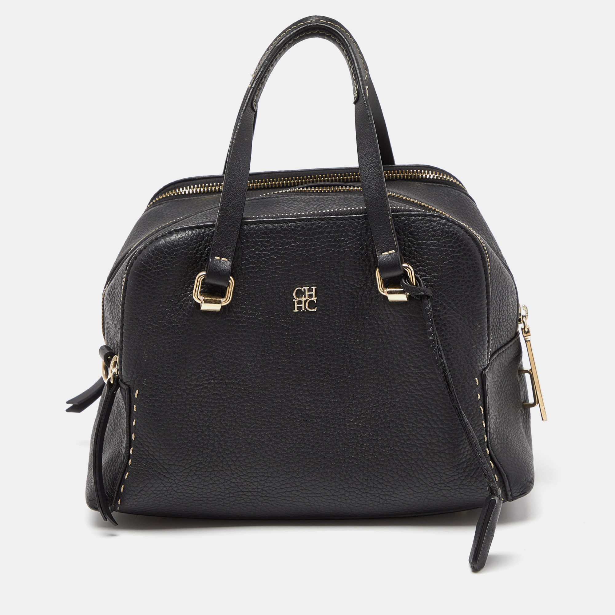 Pre-owned Ch Carolina Herrera Black Leather Double Zip Bag