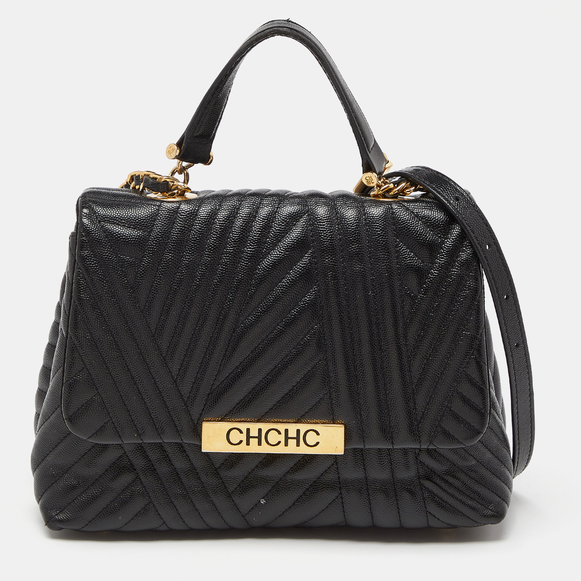 Pre-owned Ch Carolina Herrera Carolina Herrera Black Matelassé Leather Bimba Flap Top Handle Bag