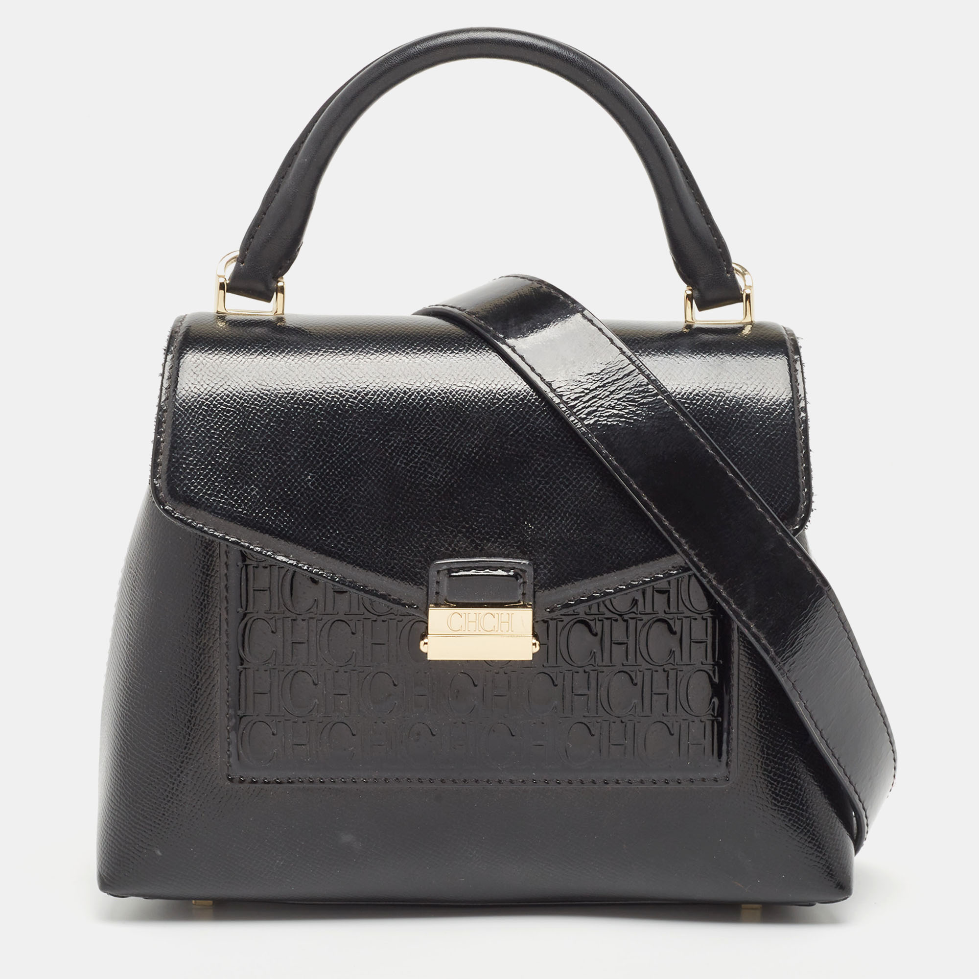 Pre-owned Ch Carolina Herrera Black Monogram Embossed Patent Leather Push Lock Flap Top Handle Bag