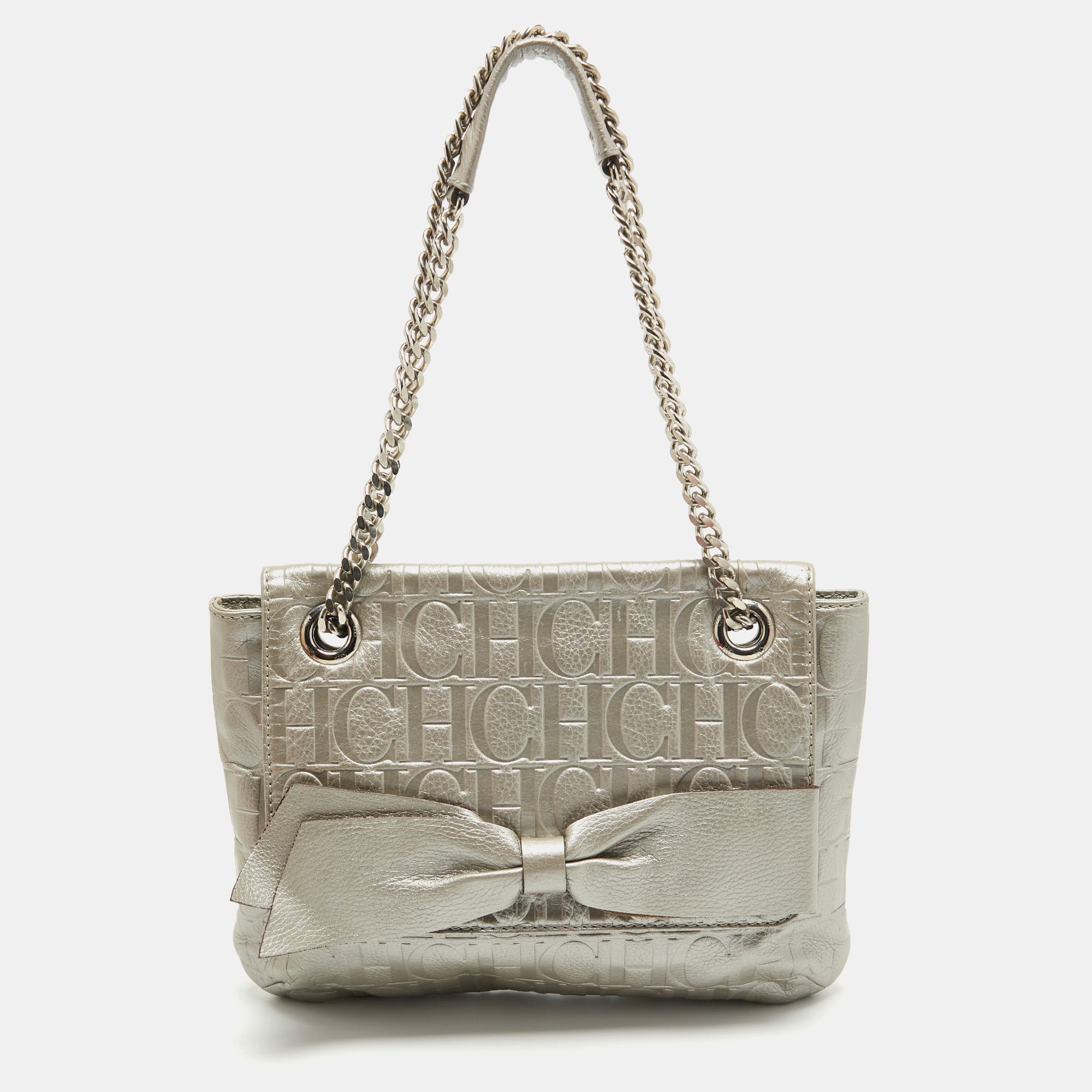 Pre-owned Ch Carolina Herrera Grey Monogram Leather Audrey Shoulder Bag