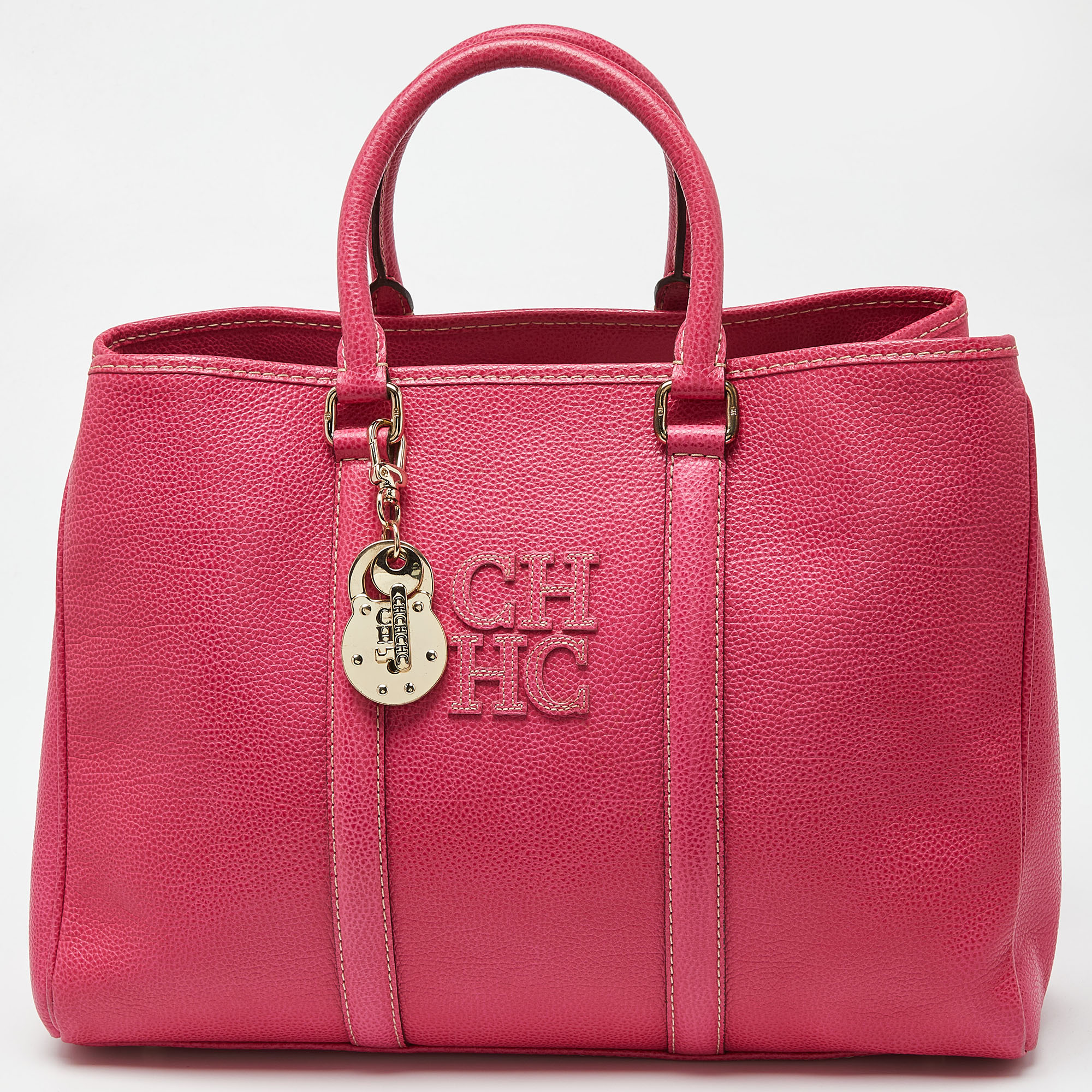 Pre-owned Ch Carolina Herrera Pink Grained Leather Matteo Tote