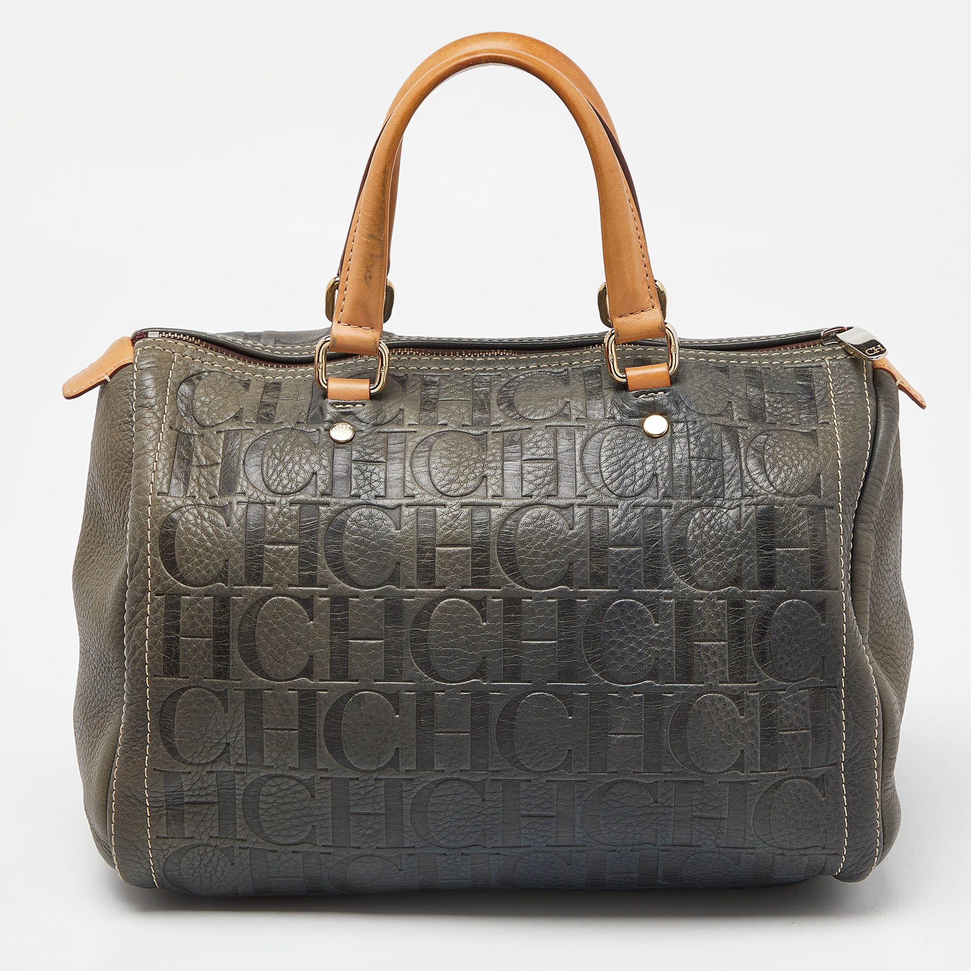 Pre-owned Ch Carolina Herrera Blue Monogram Leather Andy Boston Bag