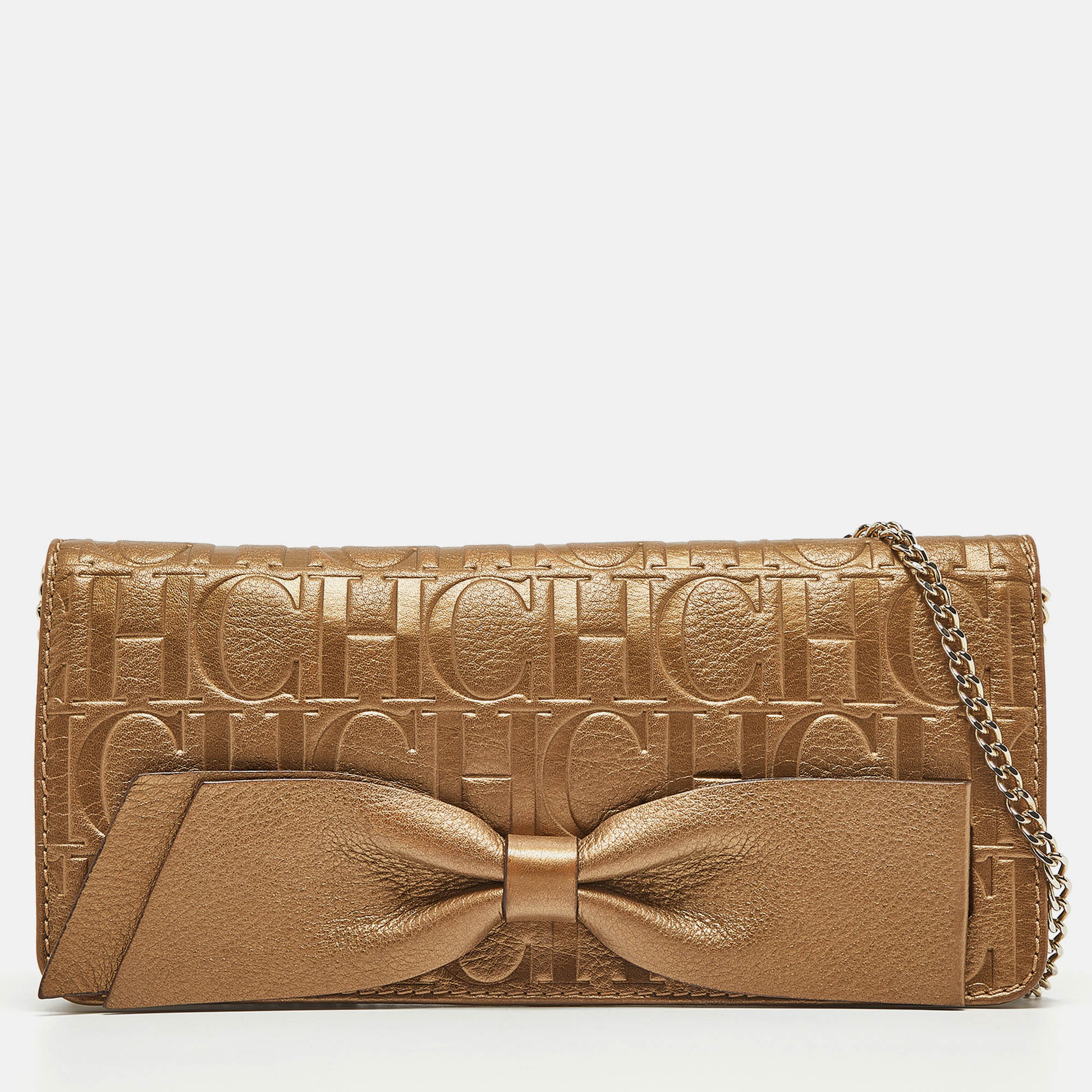 

CH Carolina Herrera Gold Monogram Embossed Leather Audrey Chain Clutch