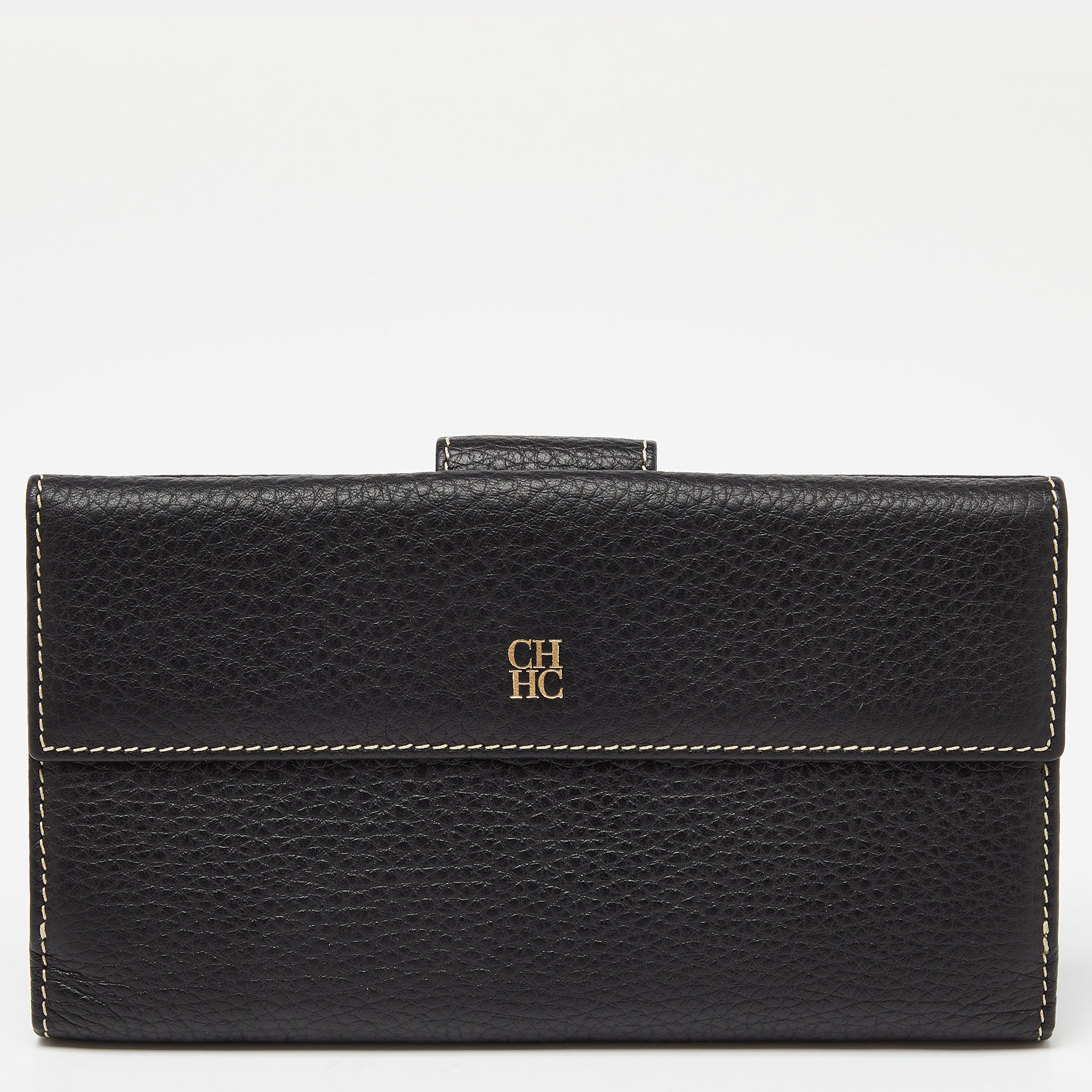 Pre-owned Ch Carolina Herrera Black Leather Continental Wallet