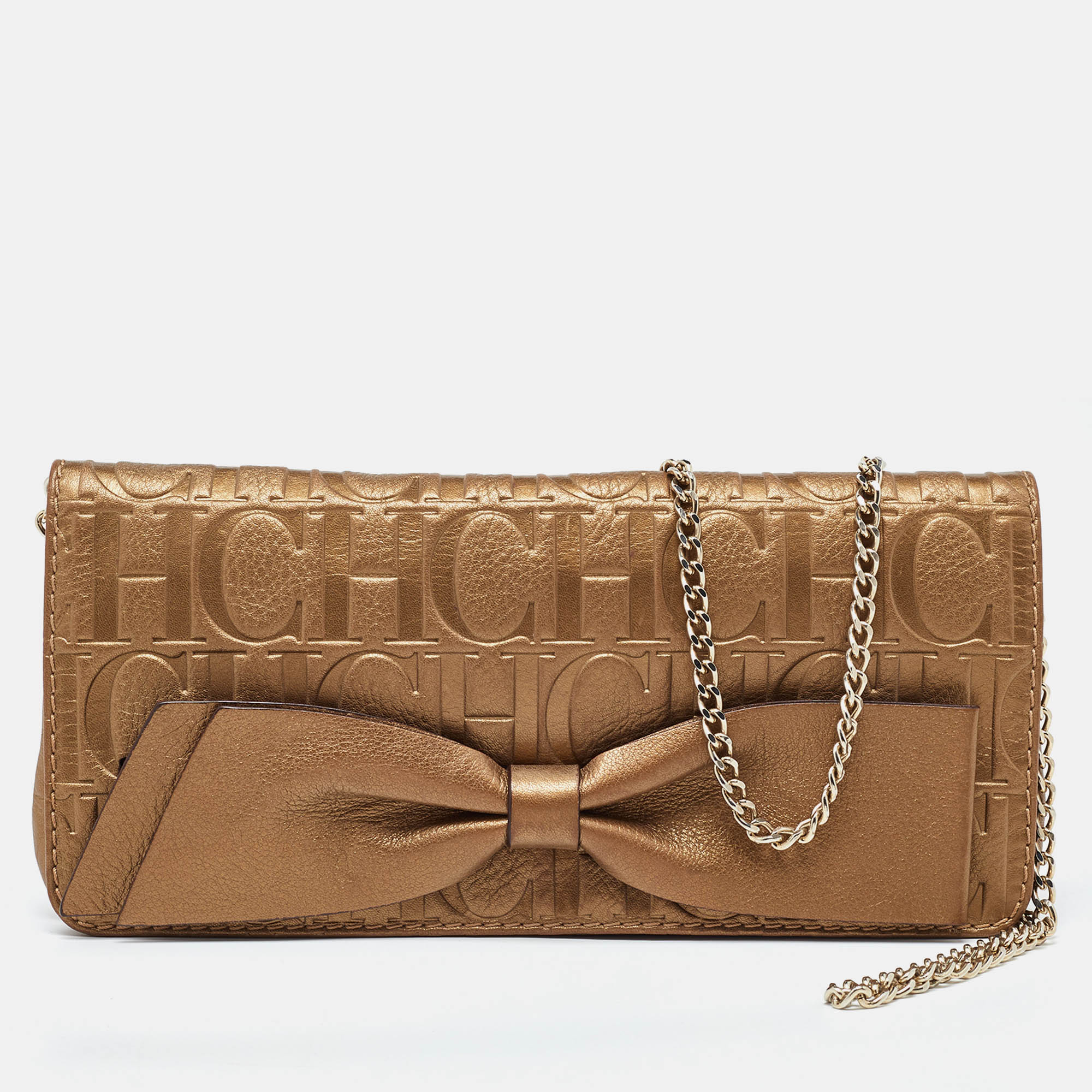 Pre-owned Ch Carolina Herrera Gold Monogram Leather Bow Chain Clutch