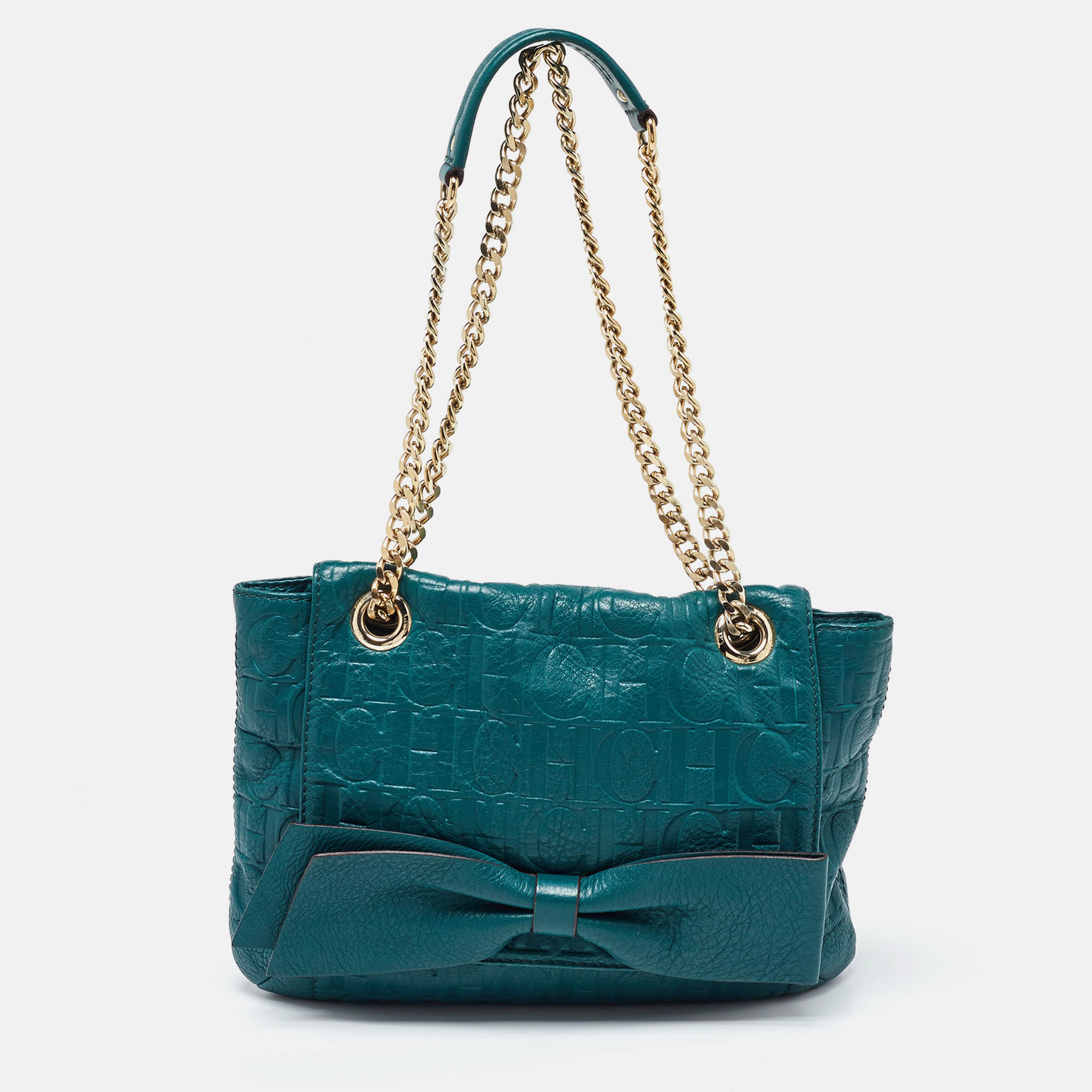 

CH Carolina Herrera Green Monogram Embossed Leather Bow Shoulder Bag