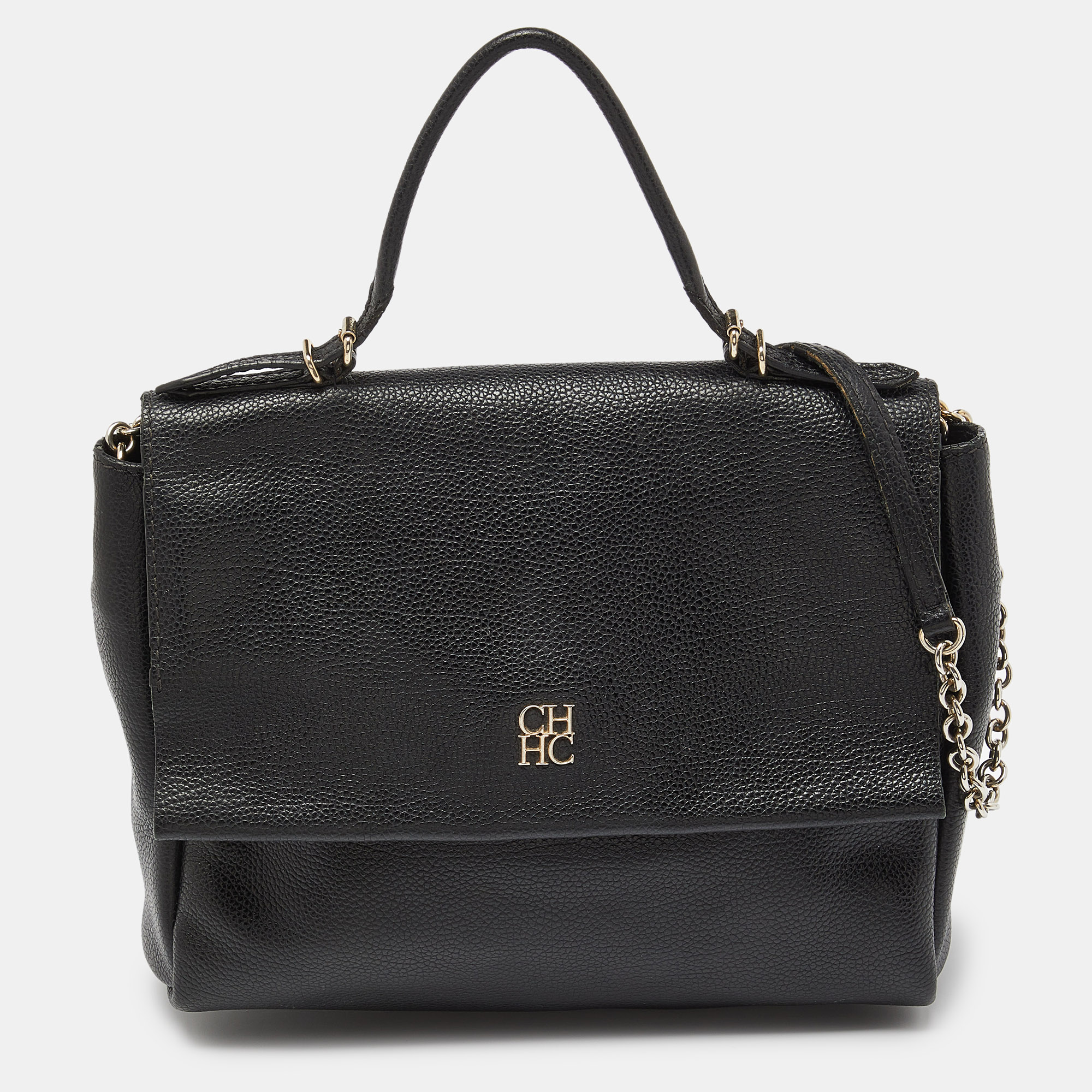 

CH Carolina Herrera Black Leather Minuetto Flap Top Handle Bag