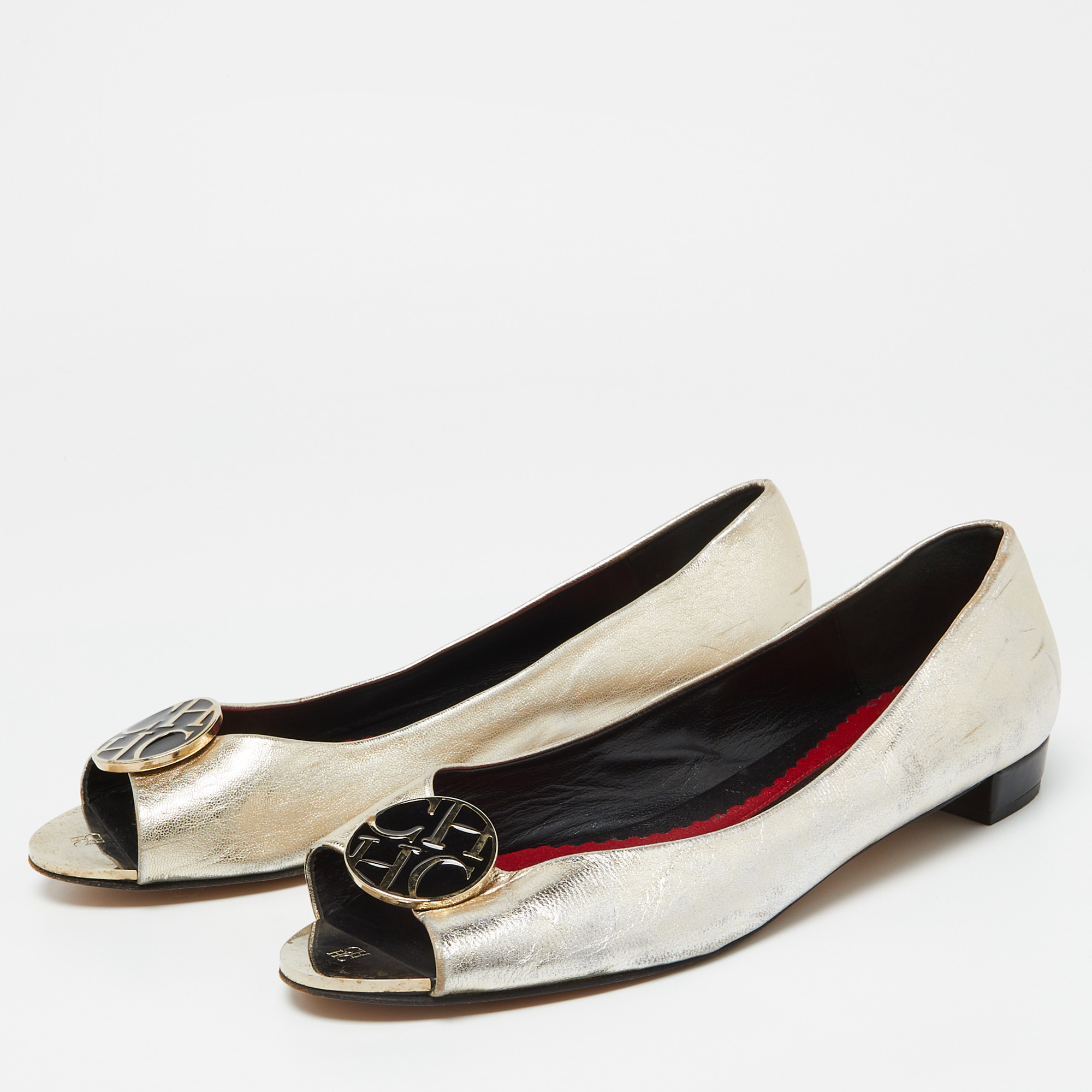 CH Carolina Herrera Gold Leather Logo Peep-Toe Ballet Flats Size 38 