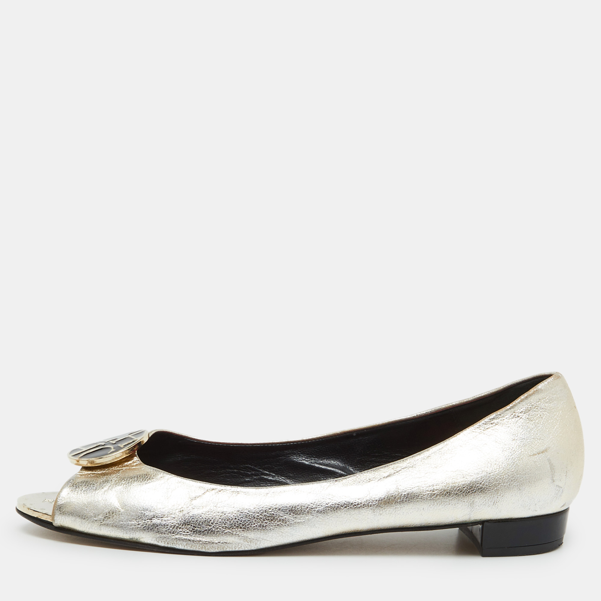 

CH Carolina Herrera Gold Leather Logo Peep-Toe Ballet Flats Size