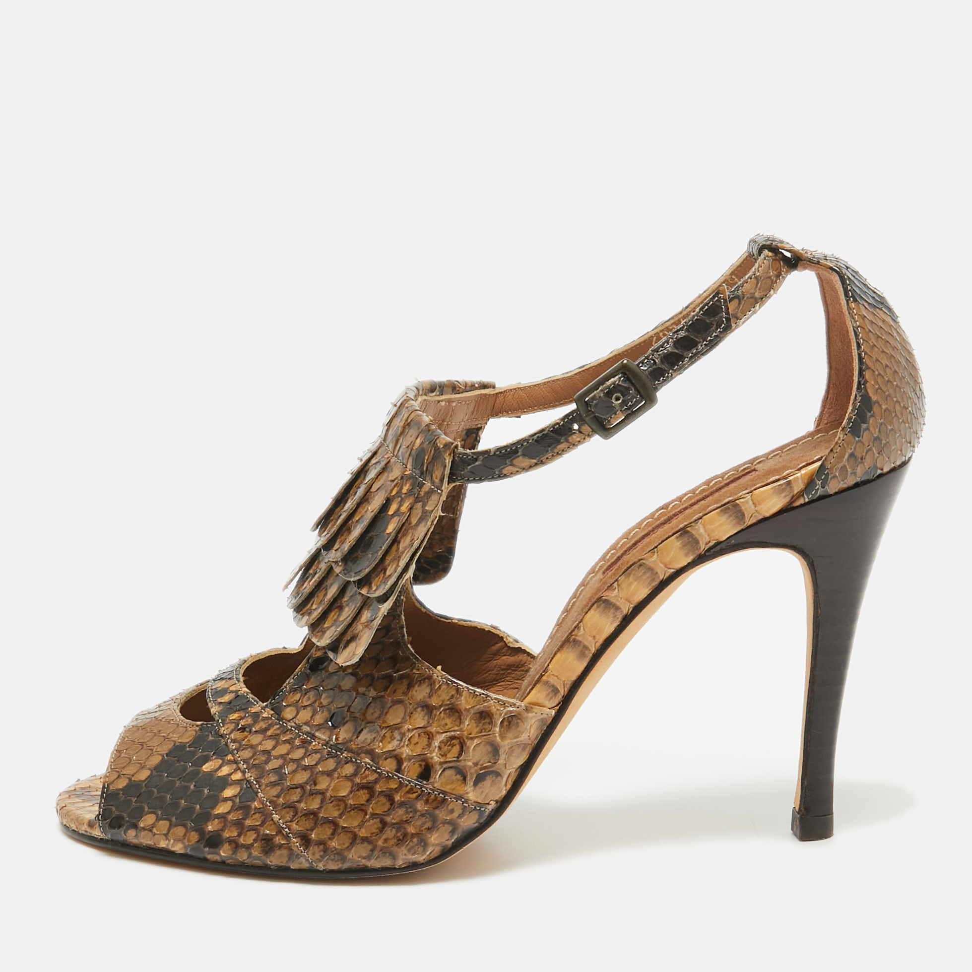 

CH Carolina Herrera Brown/Black Python Fringe Detail Ankle Strap Sandals Size