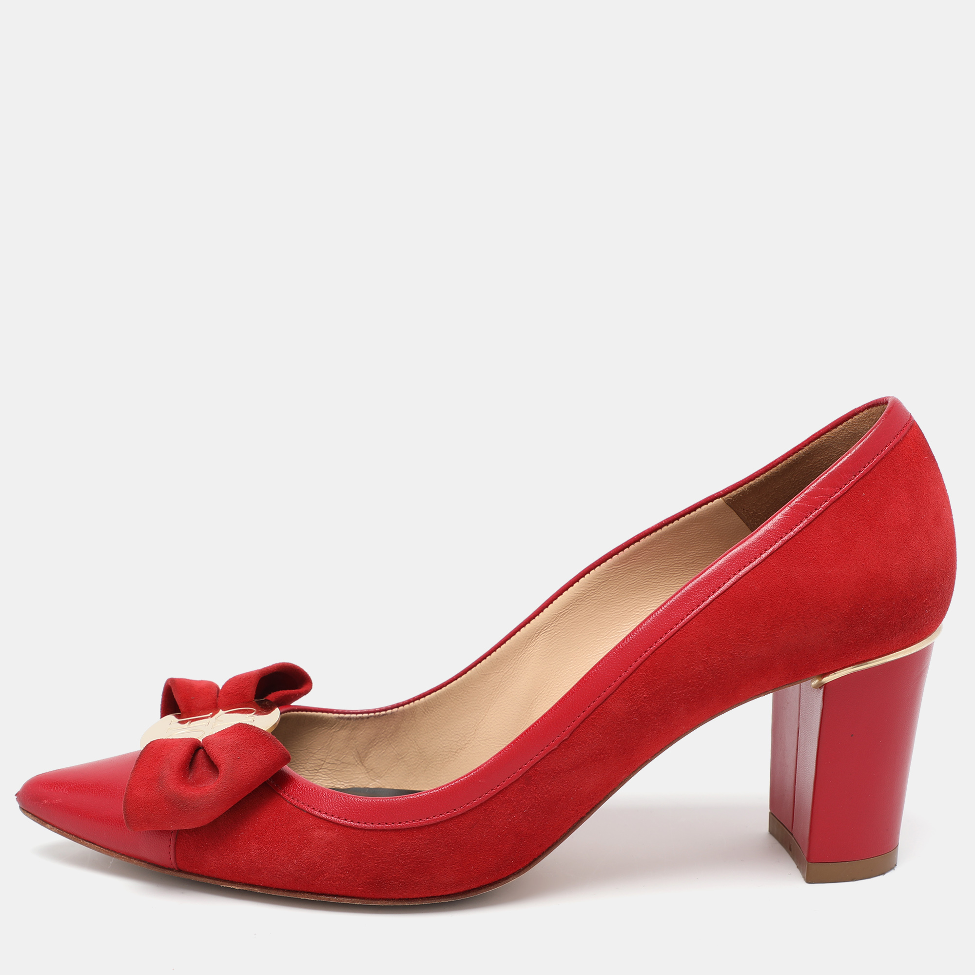 

CH Carolina Herrera Red Suede Bow Block Heel Pumps Size