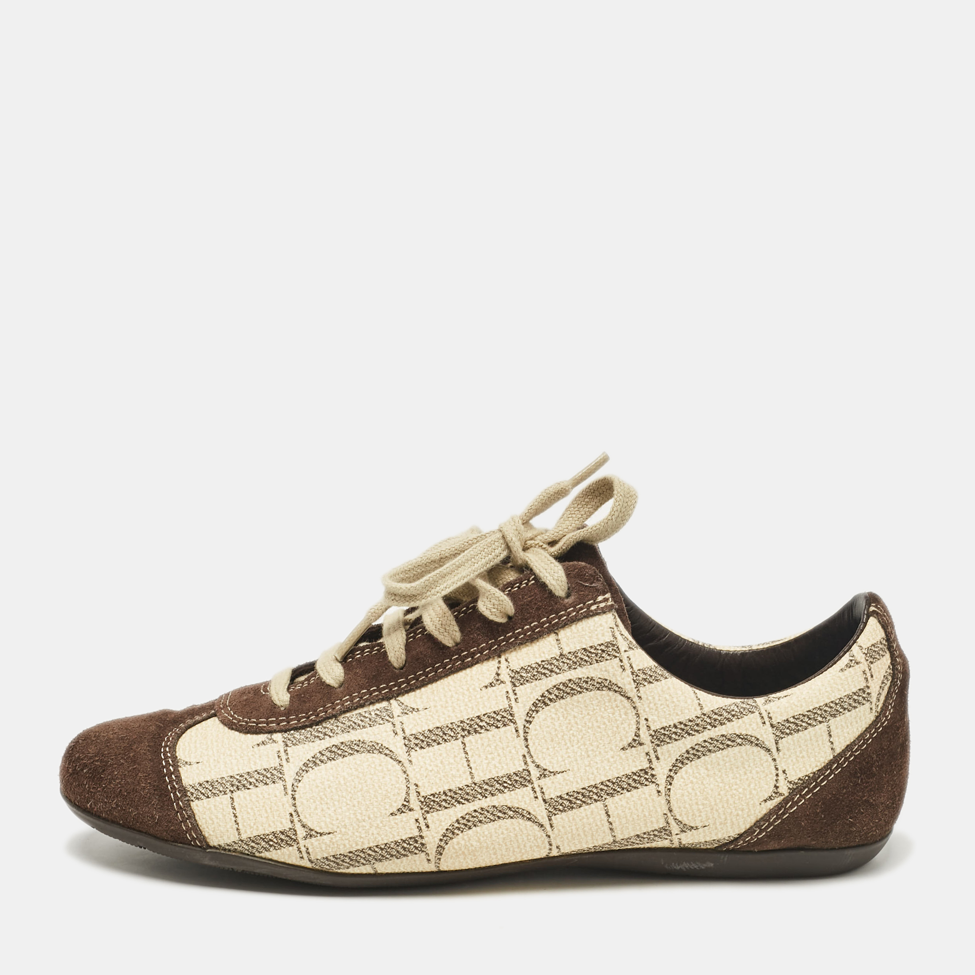 

CH Carolina Herrera Brown/Beige Monogram Canvas and Suede Low Top Sneakers Size