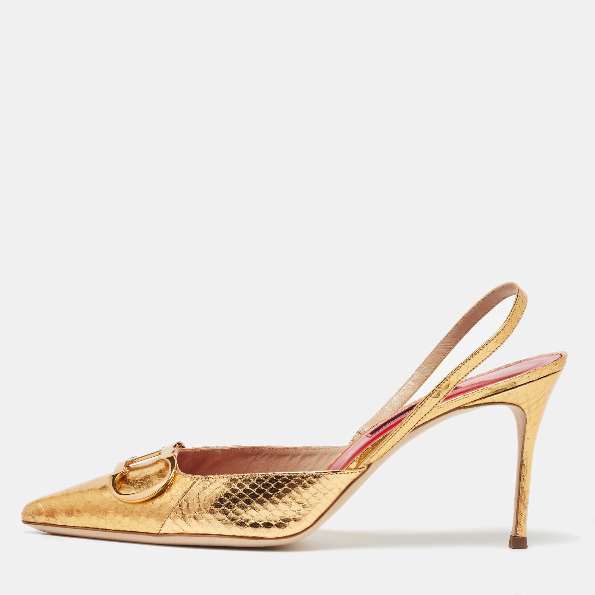 

CH Carolina Herrera Gold Python Embossed Leather Slingback Pumps Size