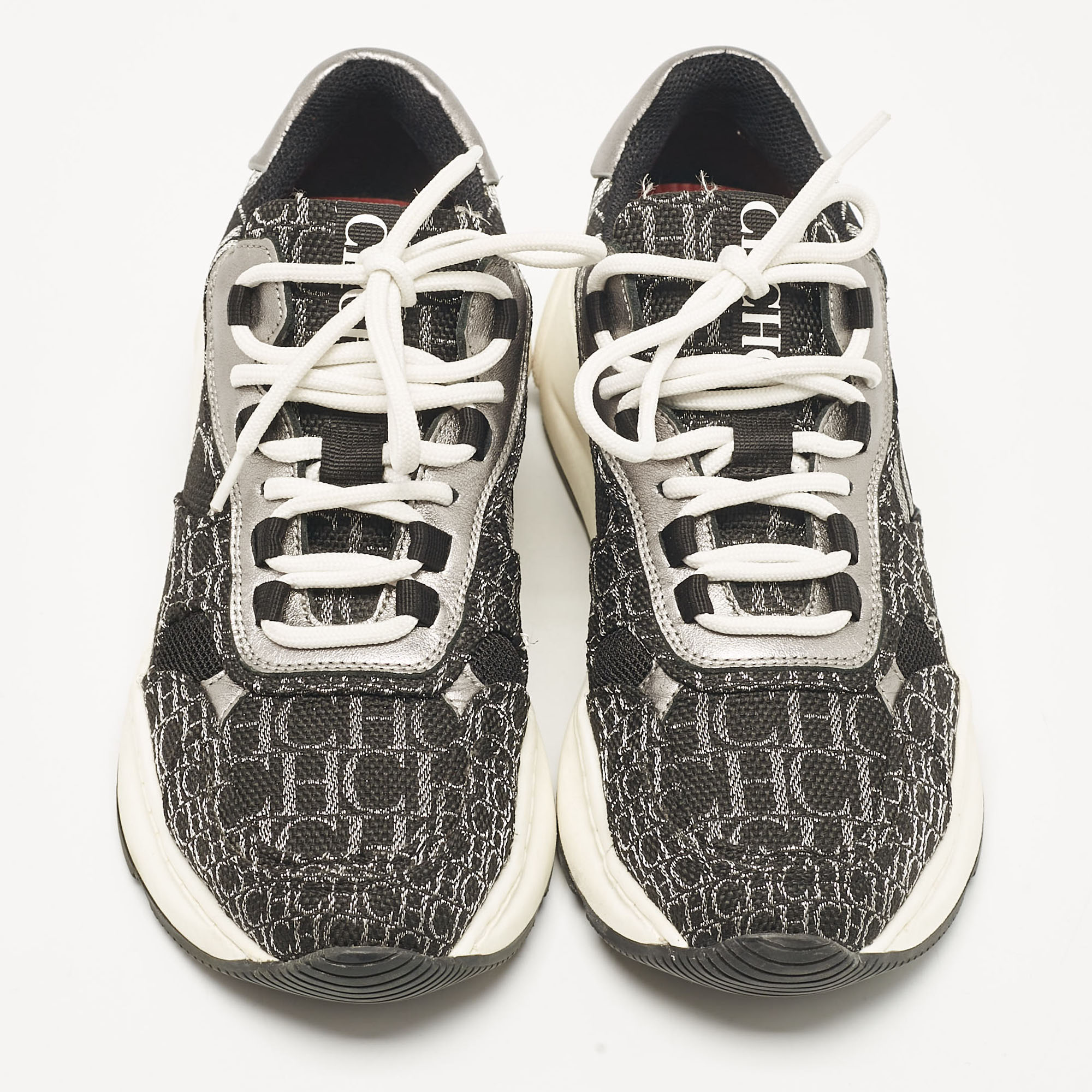 CH Carolina Herrera Black/Silver Canvas Low Top Sneakers Size 39 