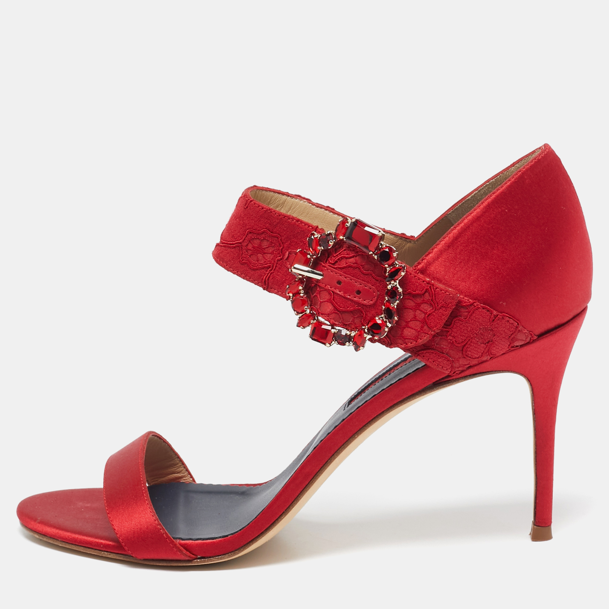 

CH Carolina Herrera Red Satin Crystal Embellished Ankle Strap Sandals Size