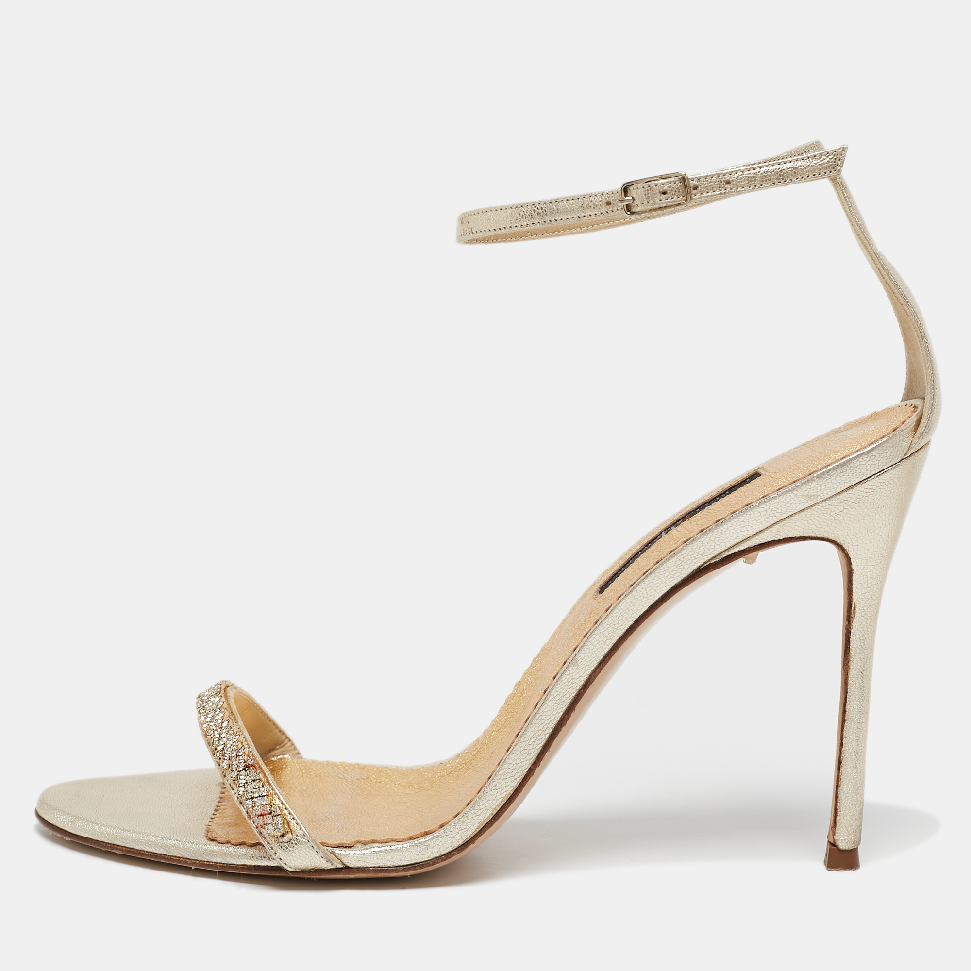 

CH Carolina Herrera Gold Leather And Crystal Embellished Ankle Strap Sandals Size