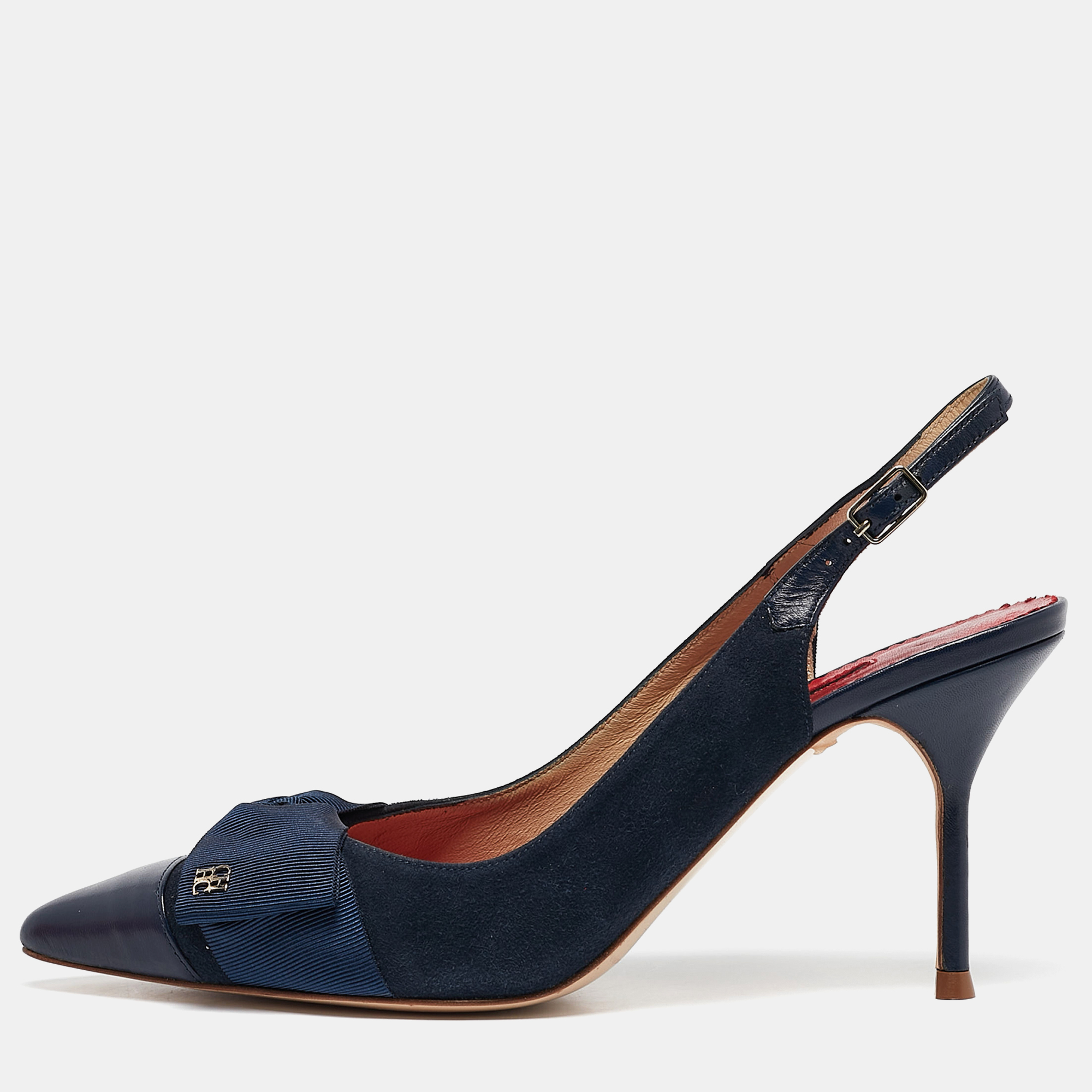 

CH Carolina Herrera Navy Blue Leather Bow Detail Pointed Toe Slingback Pumps Size