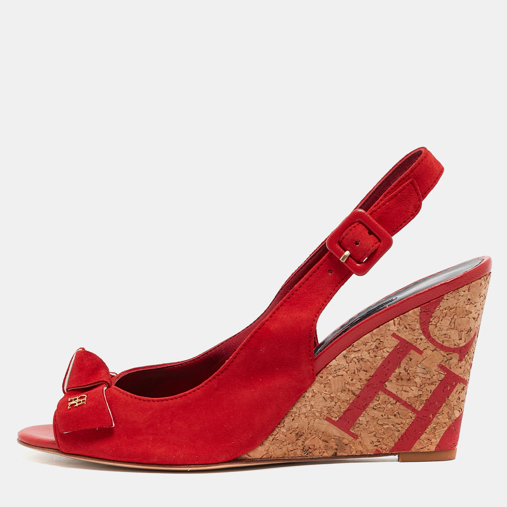 

CH Carolina Herrera Red Suede Bow Cork Wedge Slingback Sandals Size