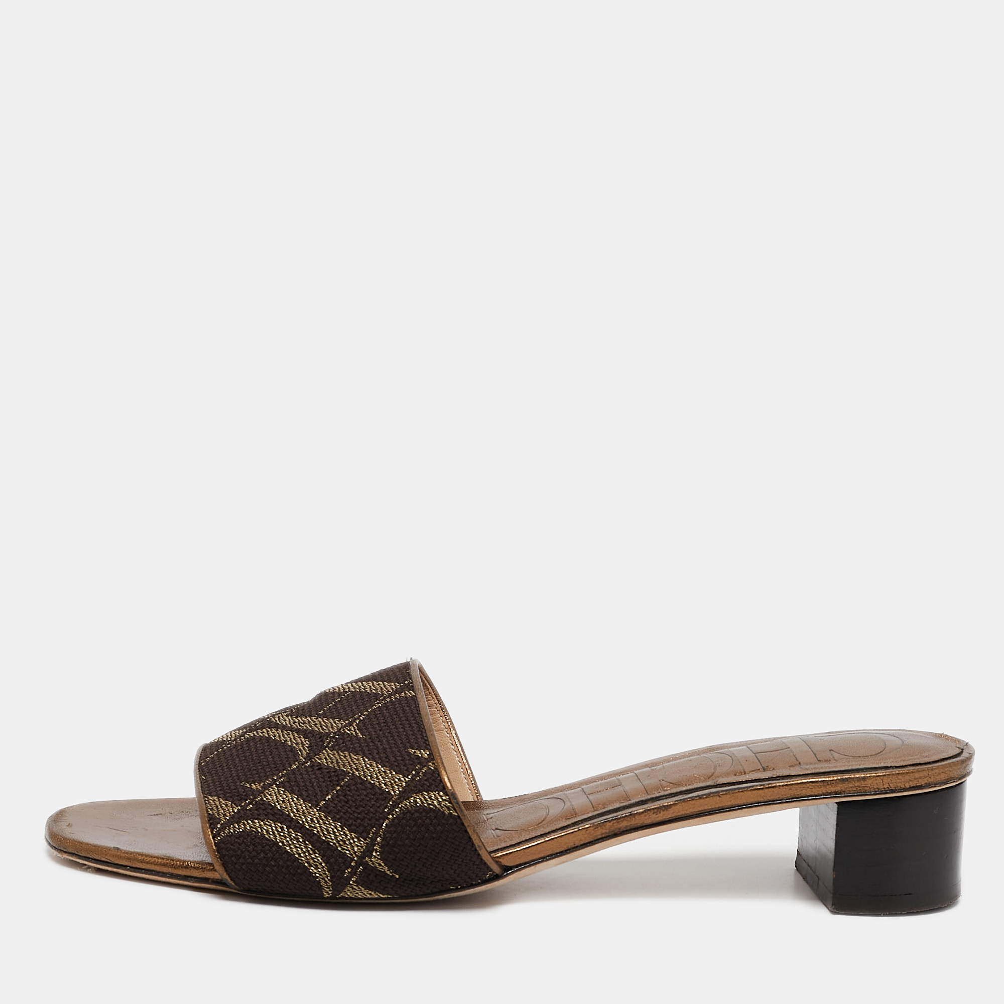 

CH Carolina Herrera Metallic Leather and Canvas Logo Slide Sandals Size, Brown