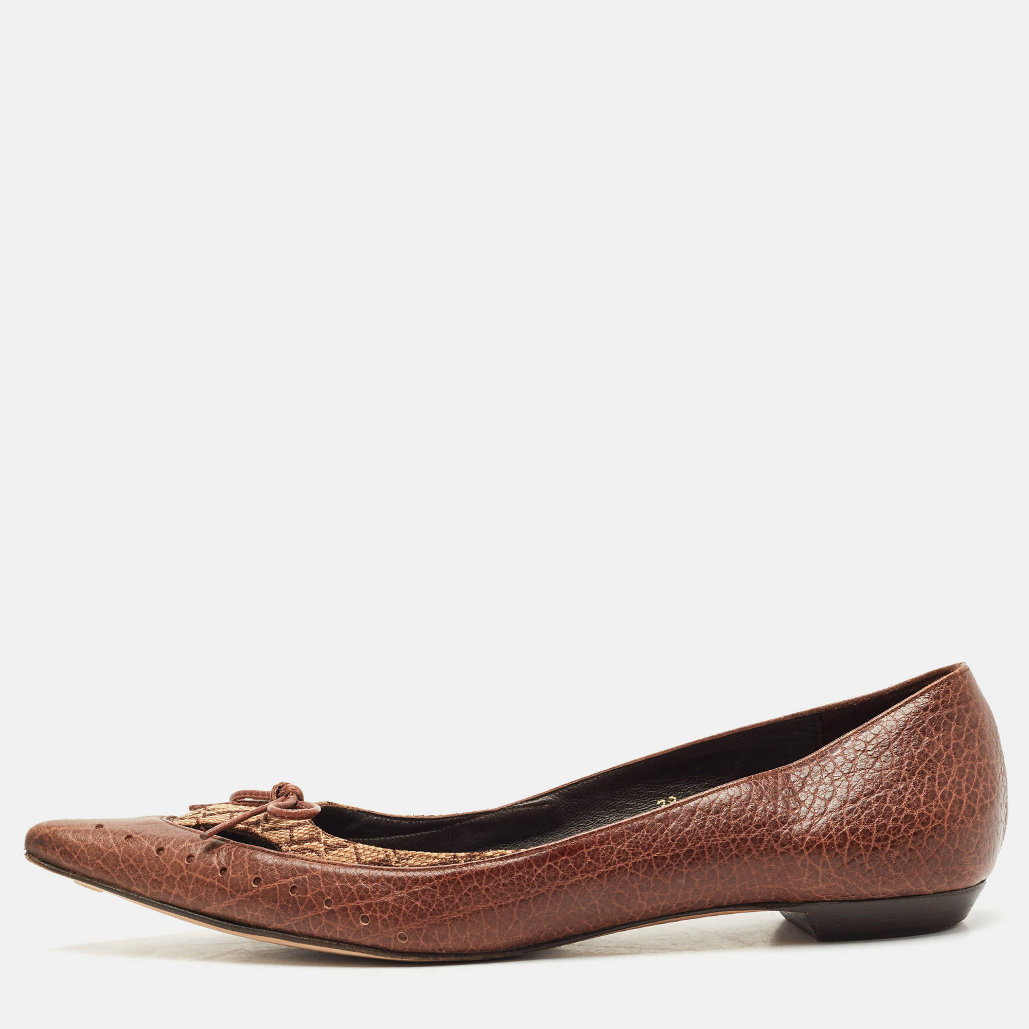 Pre-owned Ch Carolina Herrera Brown Canvas And Leather Pointed Toe Ballet Flats Size 38