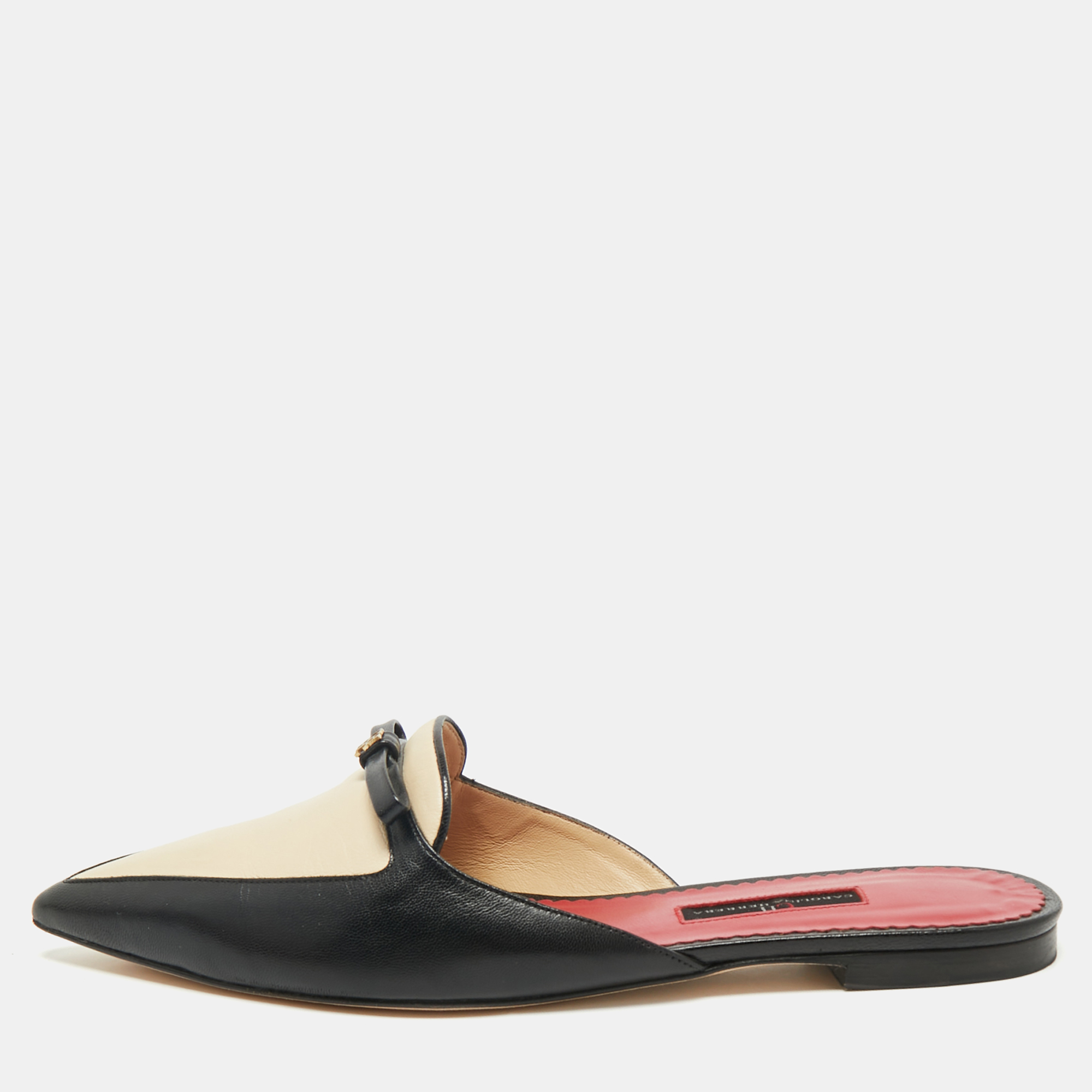 

CH Carolina Herrera Black/Cream Leather Bow Detail Flat Mules Size