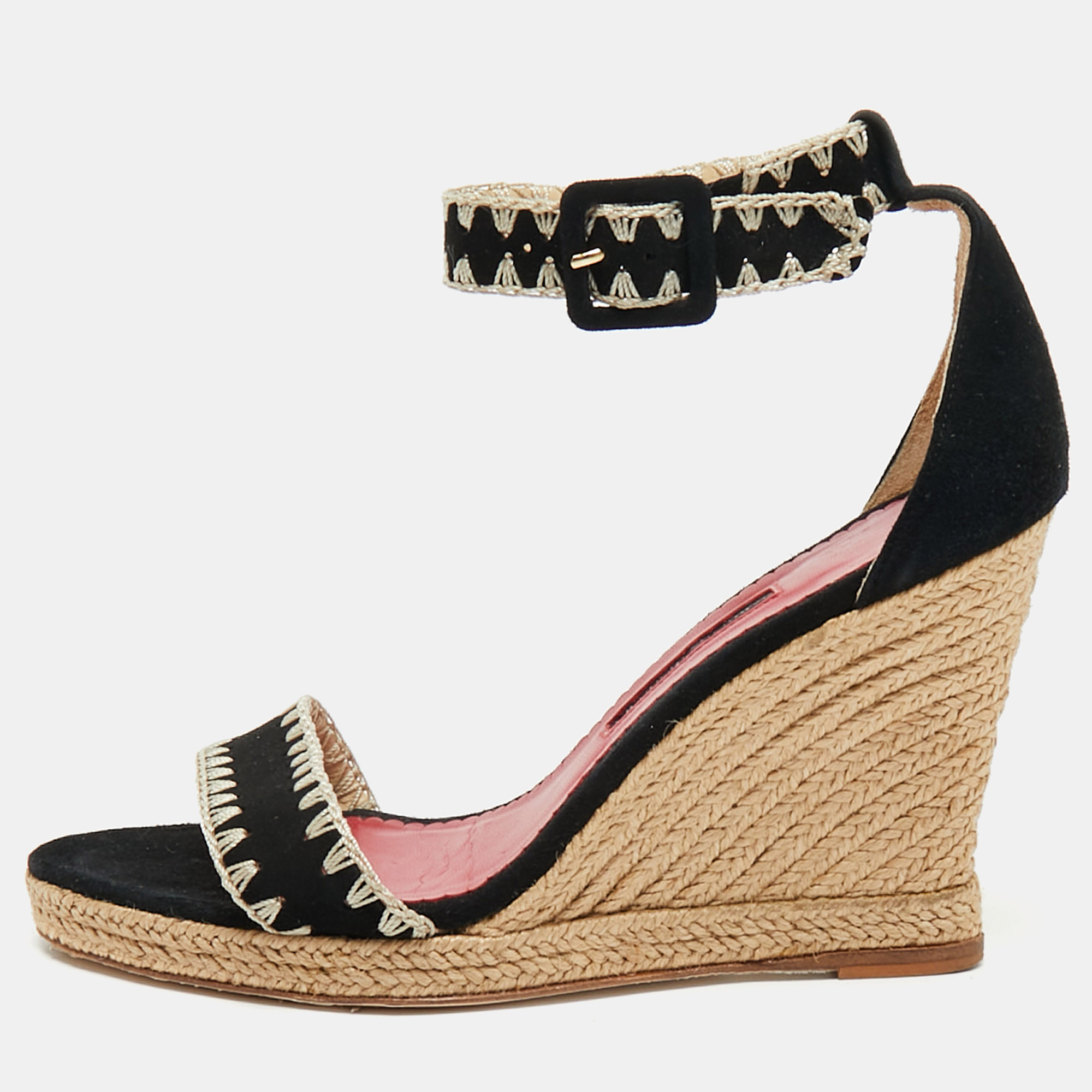Pre-owned Ch Carolina Herrera Black/beige Suede Wedge Ankle Wrap Espadrilles Size 37