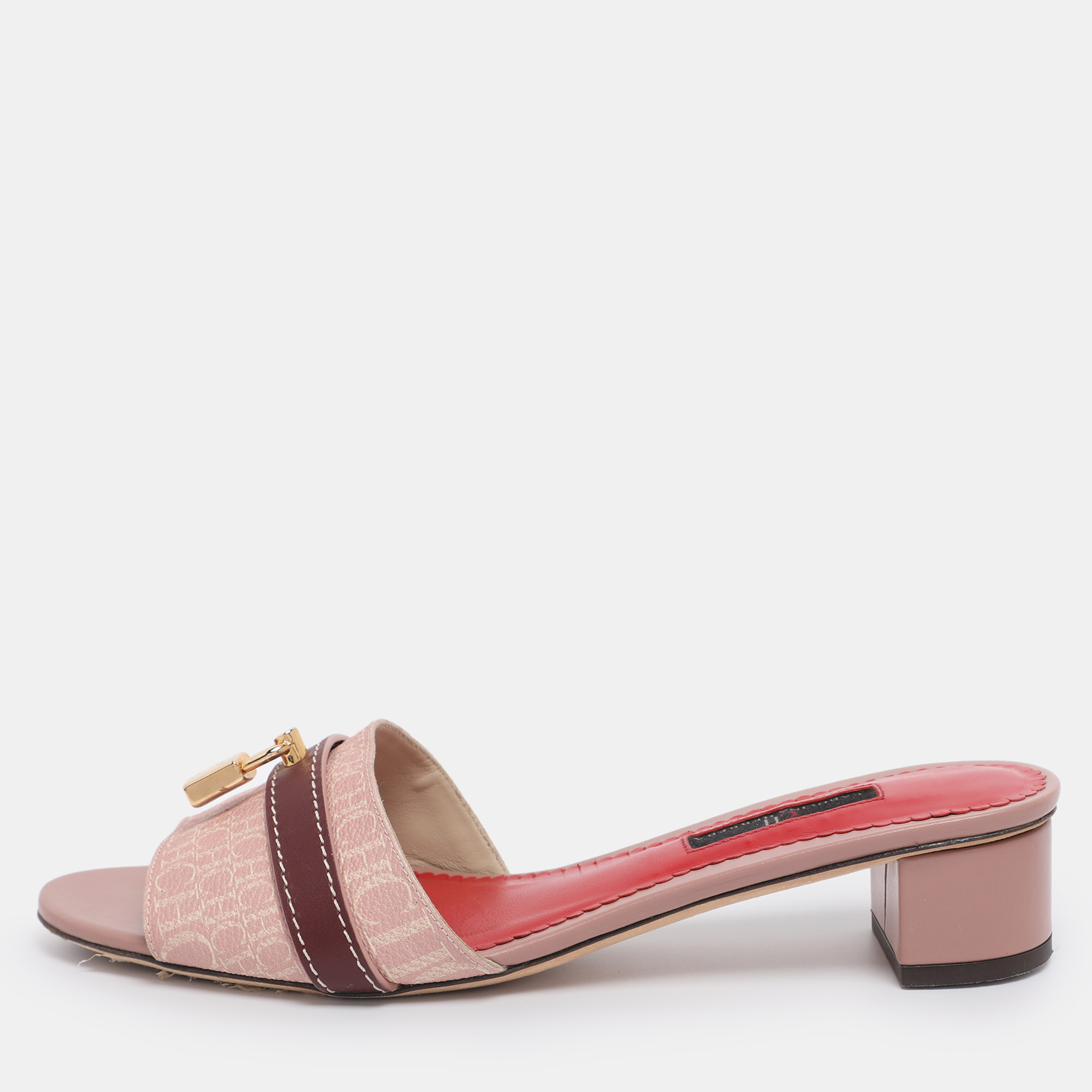 Pre-owned Ch Carolina Herrera Pink Monogram Coated Canvas Matryoshka Lock Slide Sandals Size 38