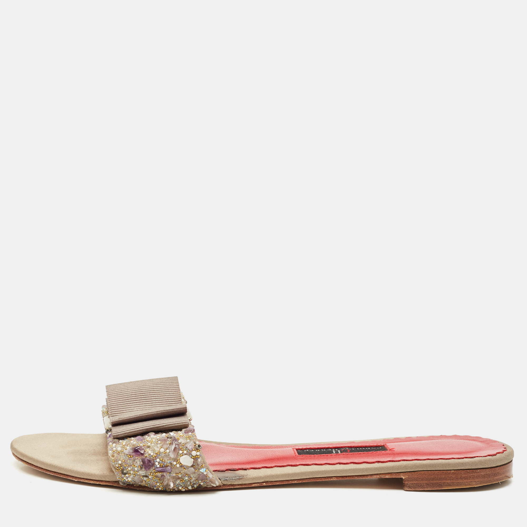 

CH Carolina Herrera Grey Satin Crystal Embellished Flat Slides Size