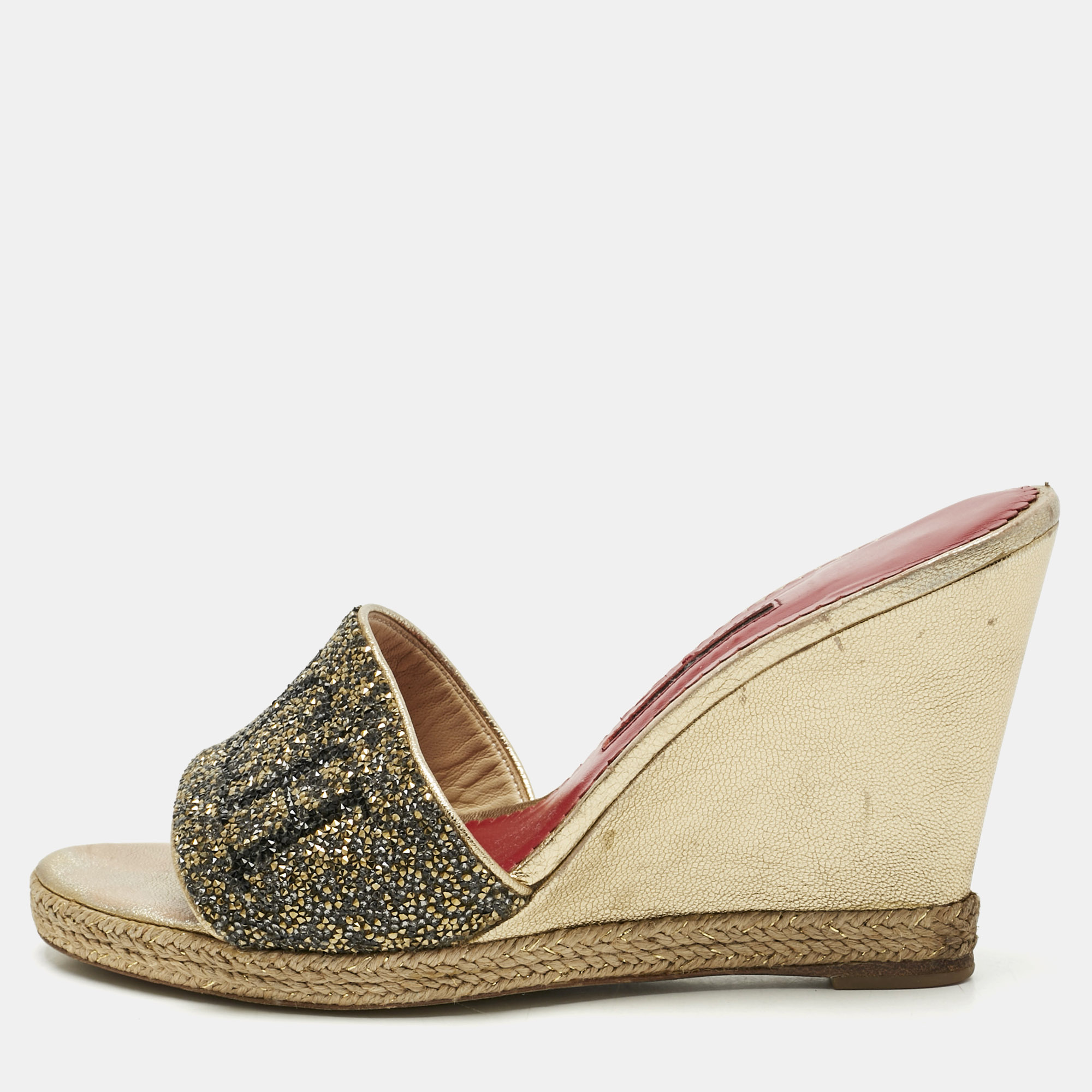 Pre-owned Ch Carolina Herrera Metallic Glitter And Leather Wedge Espadrille Sandals Size 37 In Gold