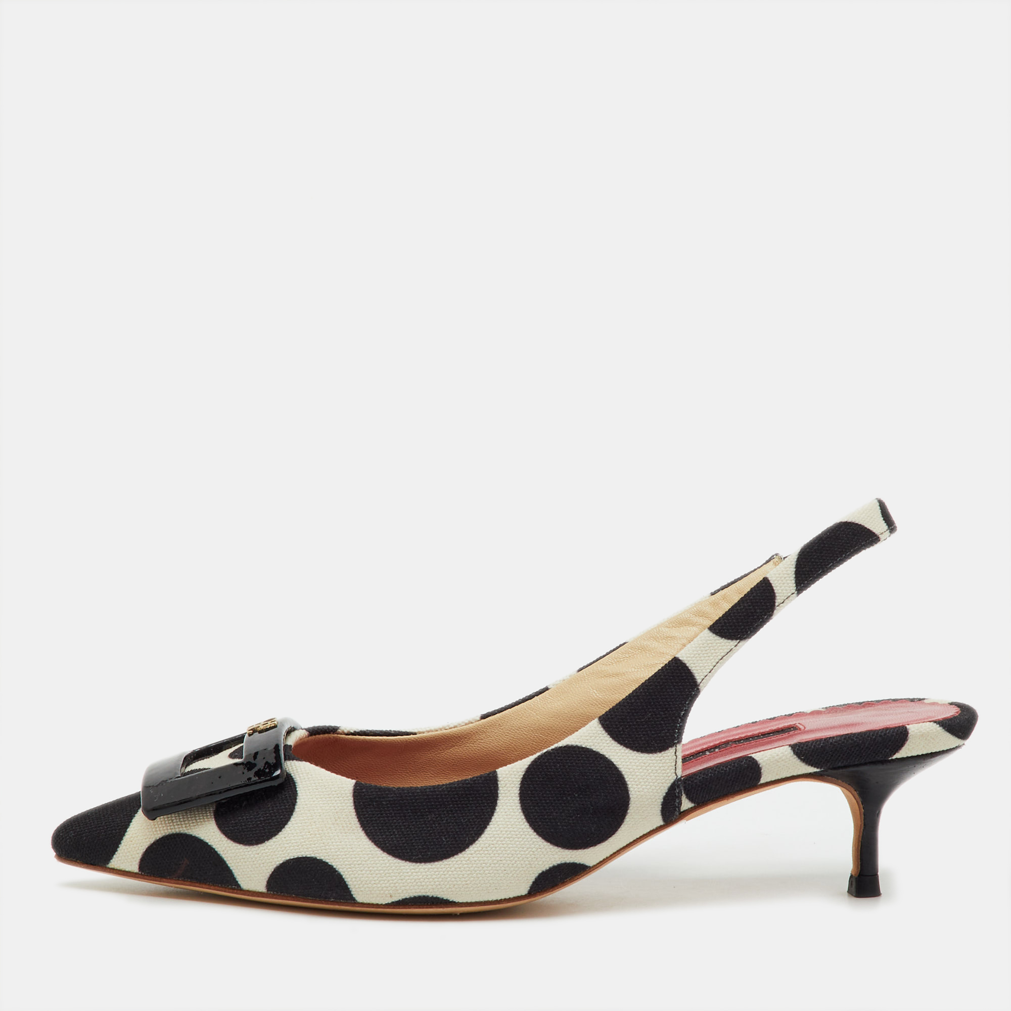 Pre-owned Ch Carolina Herrera Black/white Canvas Polka Dot Slingback Pumps Size 38