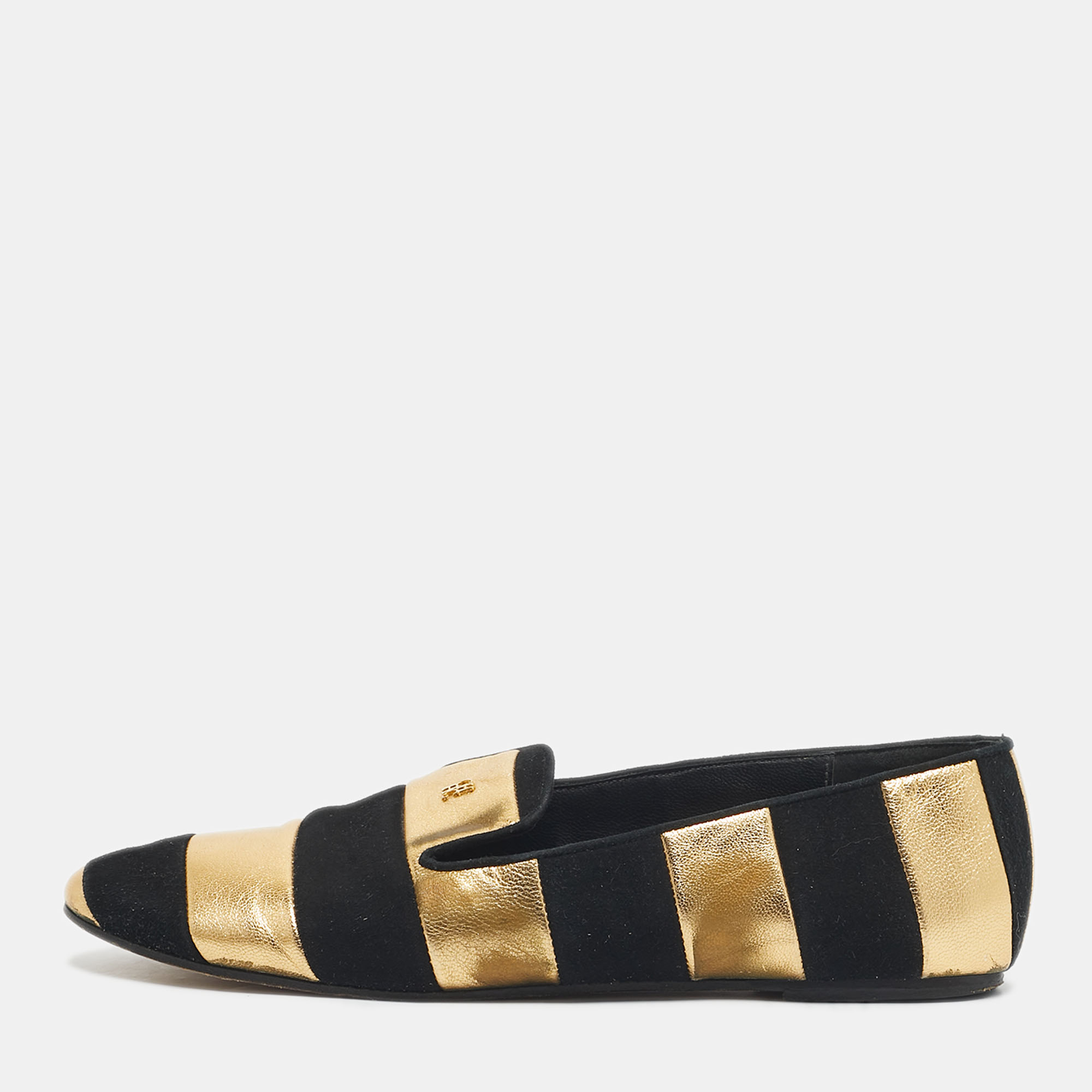 CH Carolina Herrera Black/Gold Leather and Suede Smoking Slippers Size 38
