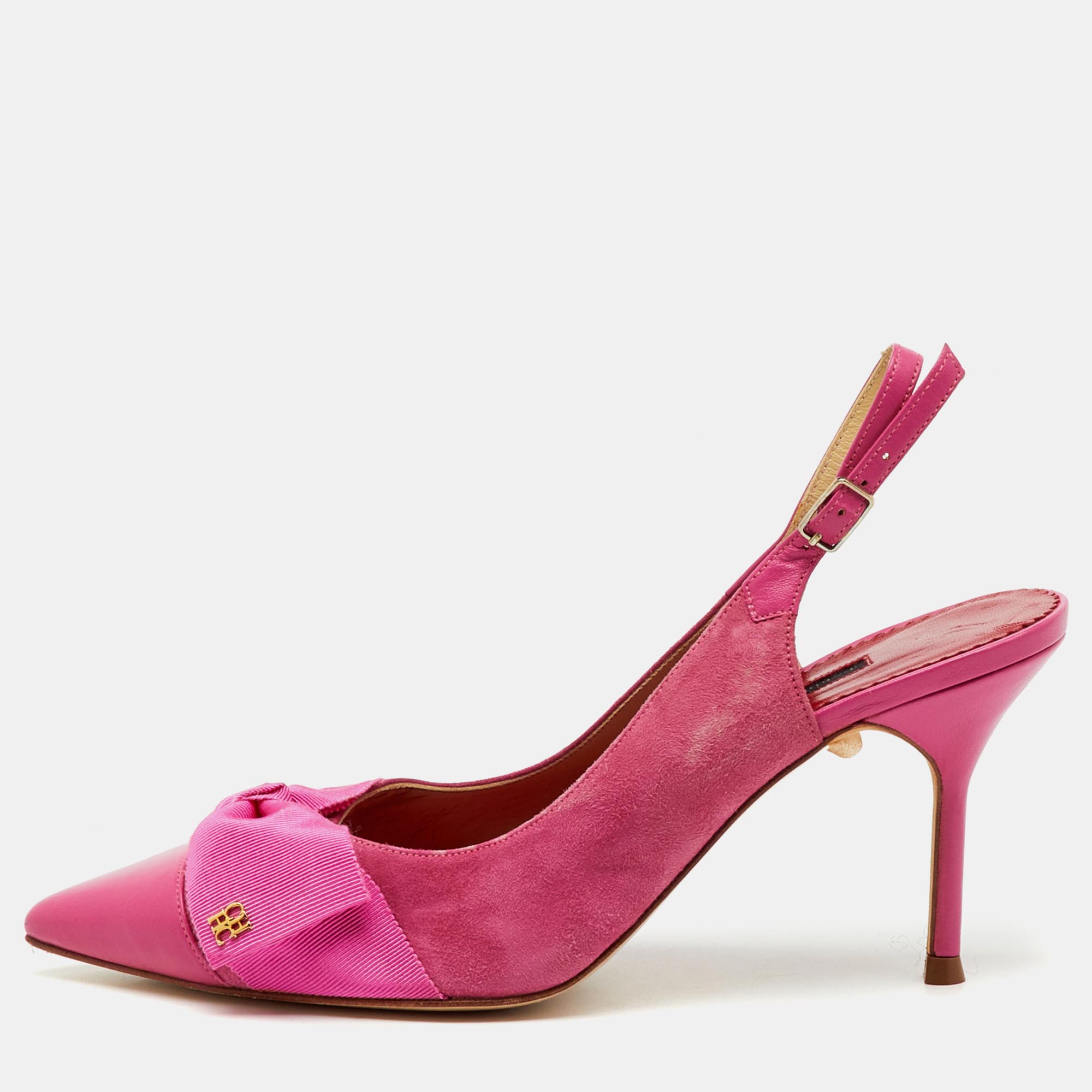 

CH Carolina Herrera Pink Suede and Leather Bow Pointed Toe Slingback Pumps Size
