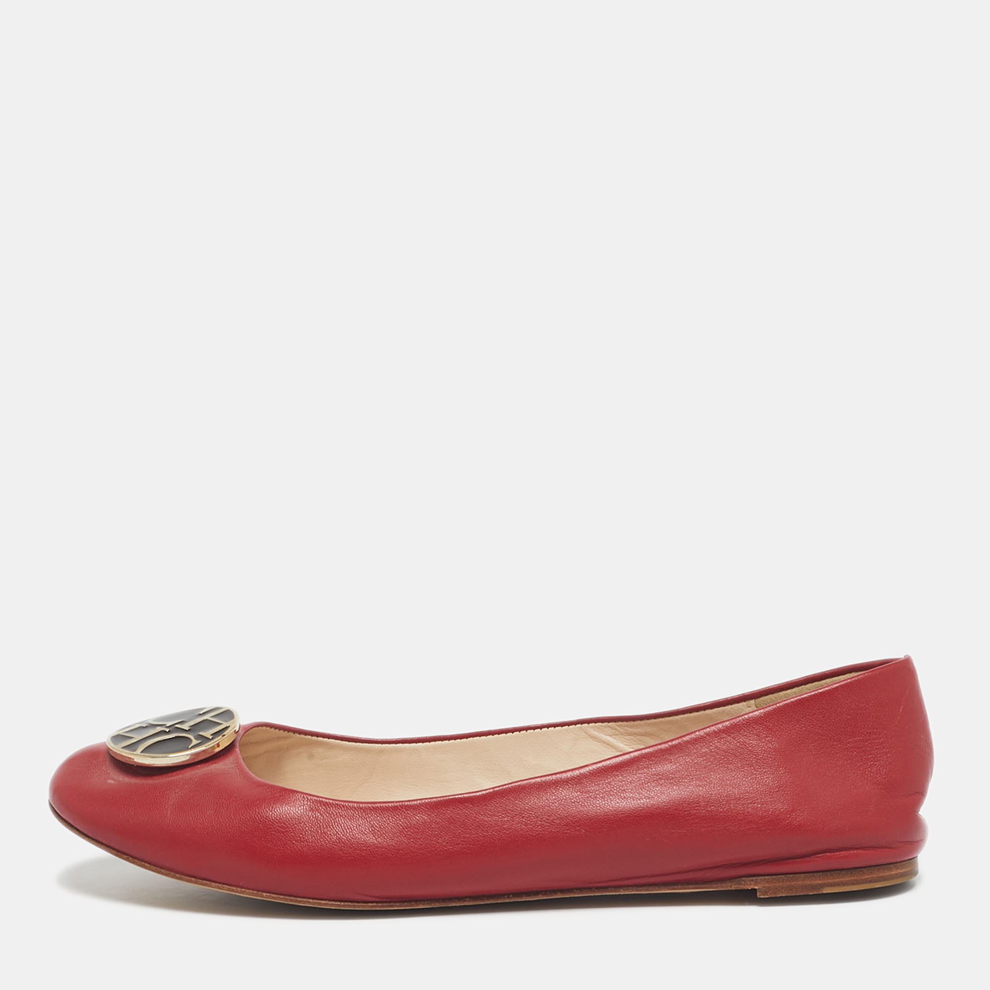 Pre-owned Ch Carolina Herrera Red Leather Logo Ballet Flats Size 38