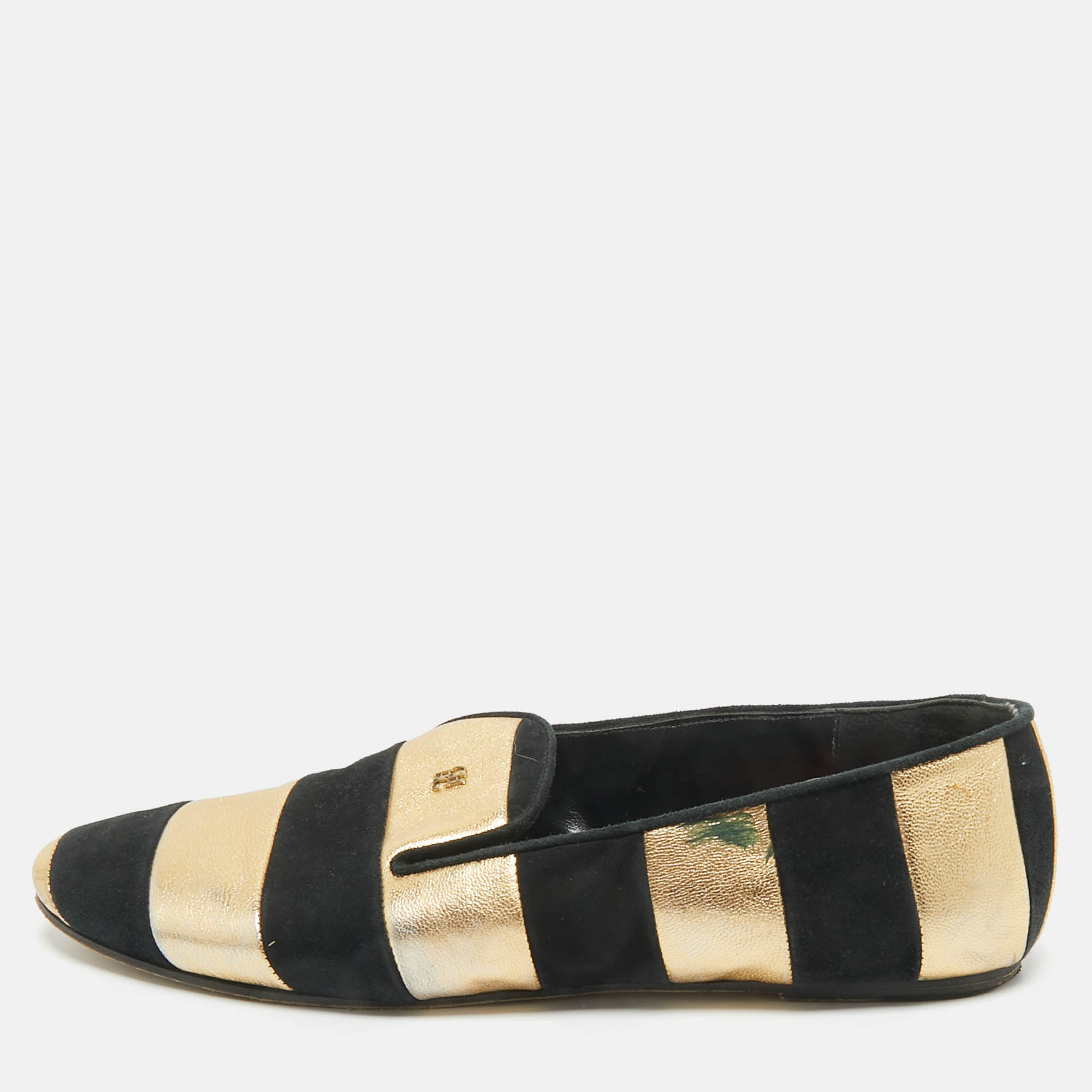 Pre-owned Ch Carolina Herrera Black/gold Leather And Suede Smoking Slippers Size 38