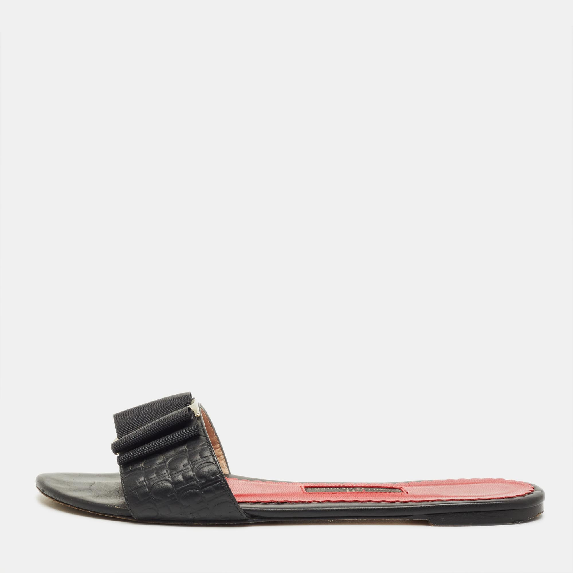 Pre-owned Ch Carolina Herrera Black Leather Bow Flat Slides Size 36
